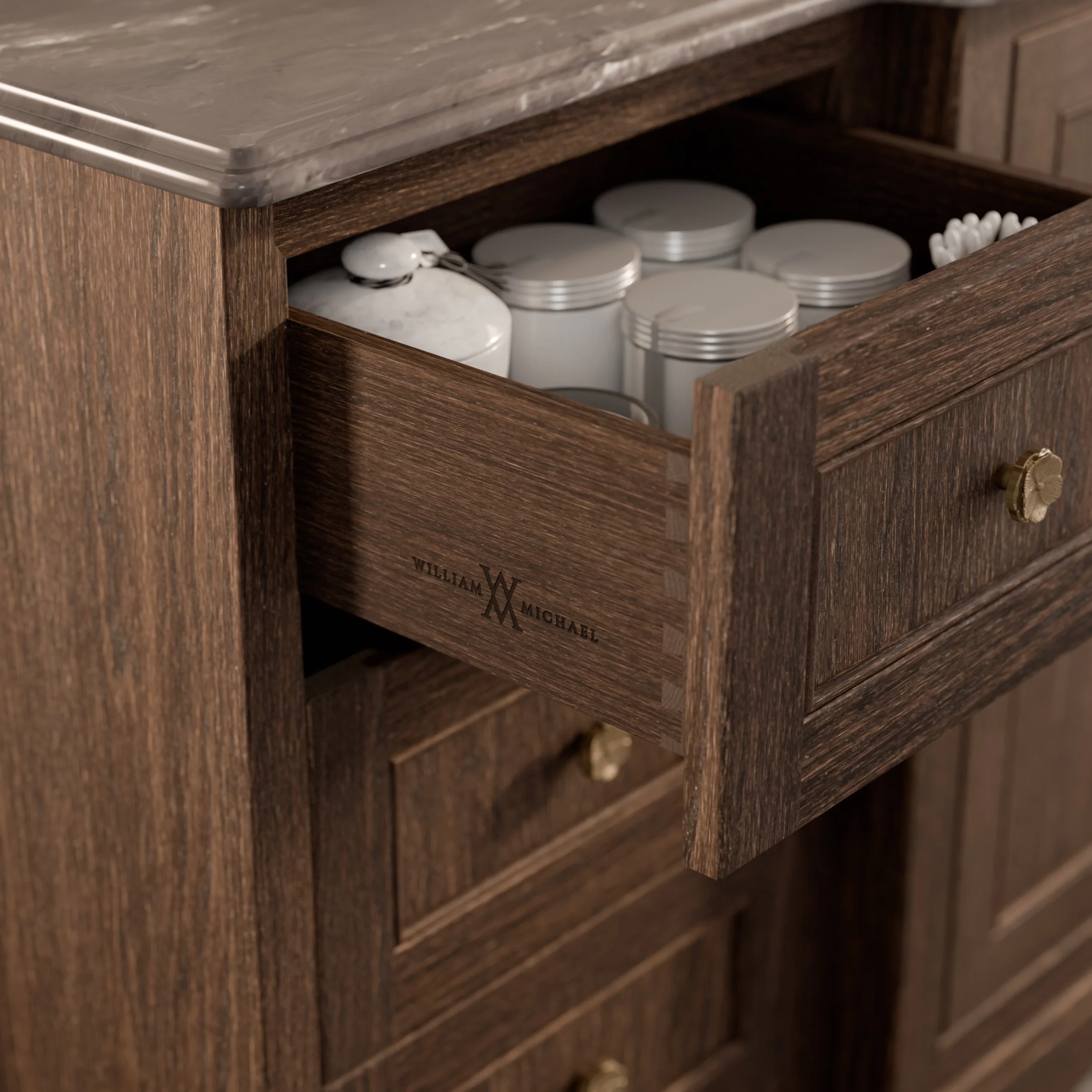 Heritage-bathroom-vanity-dark wooden vintage style vanity unit with draw open