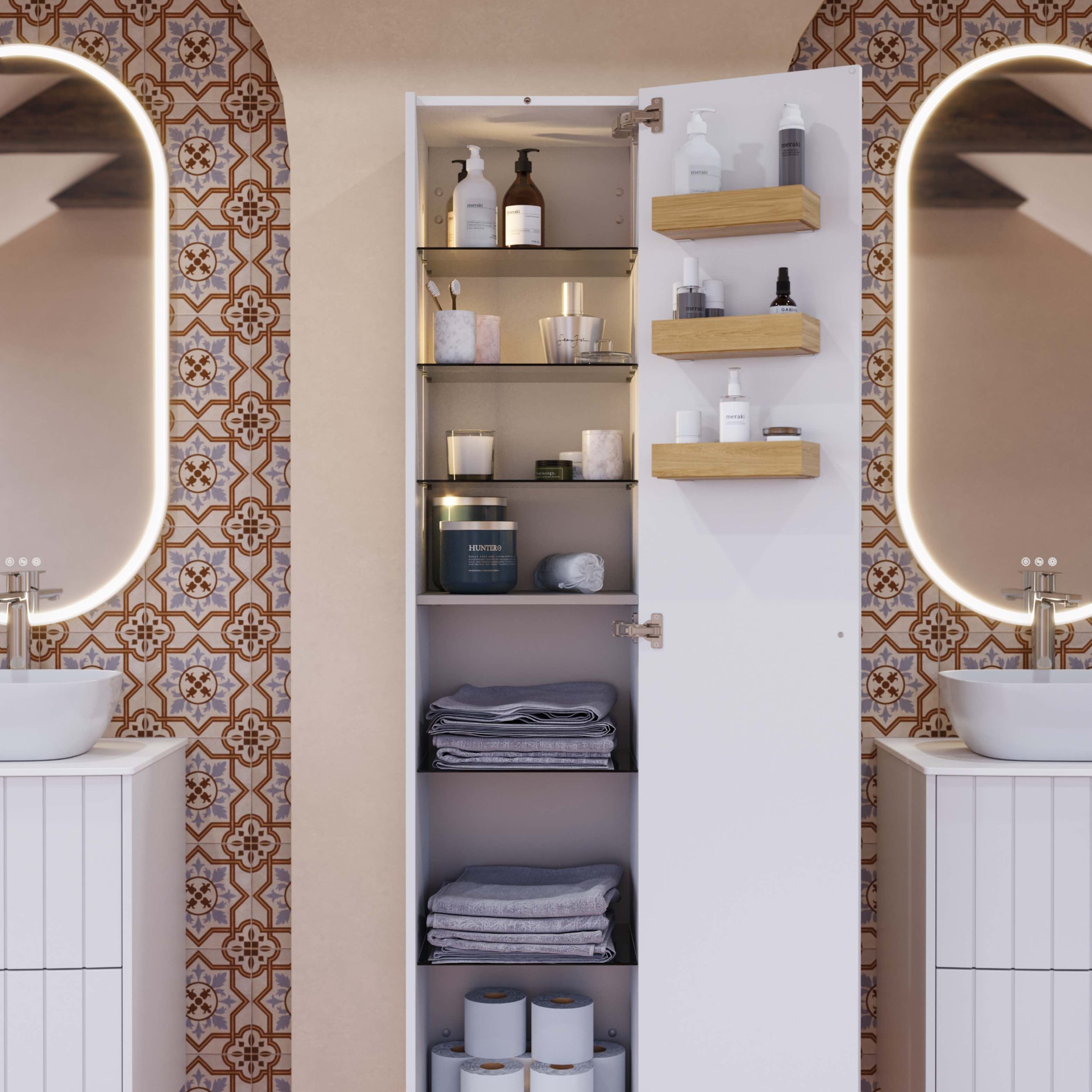White grooved bathroom vanity unit against Moroccan patterned wallpaper with open tall vanity