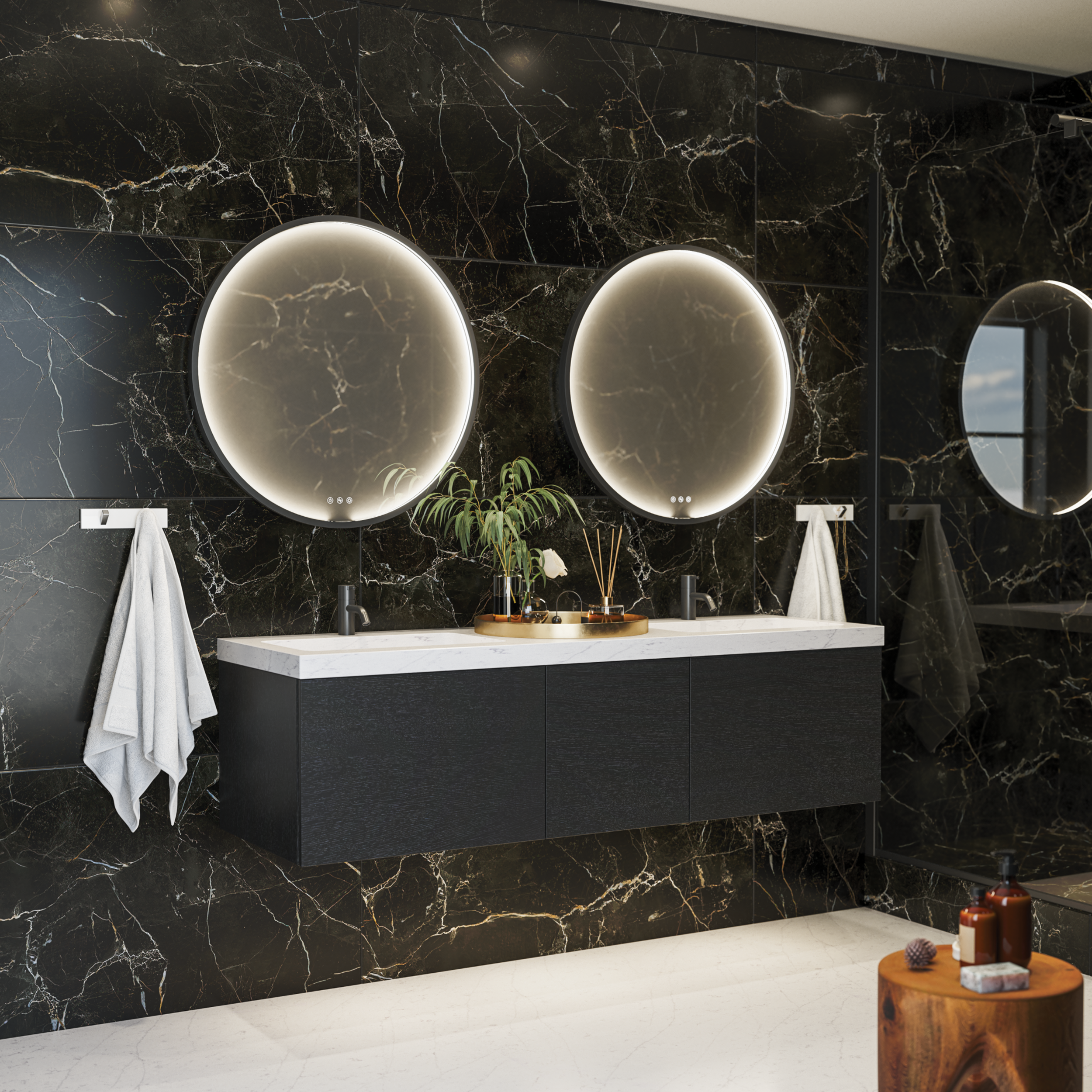 black double bathroom vanity unit with two round mirrors above basins