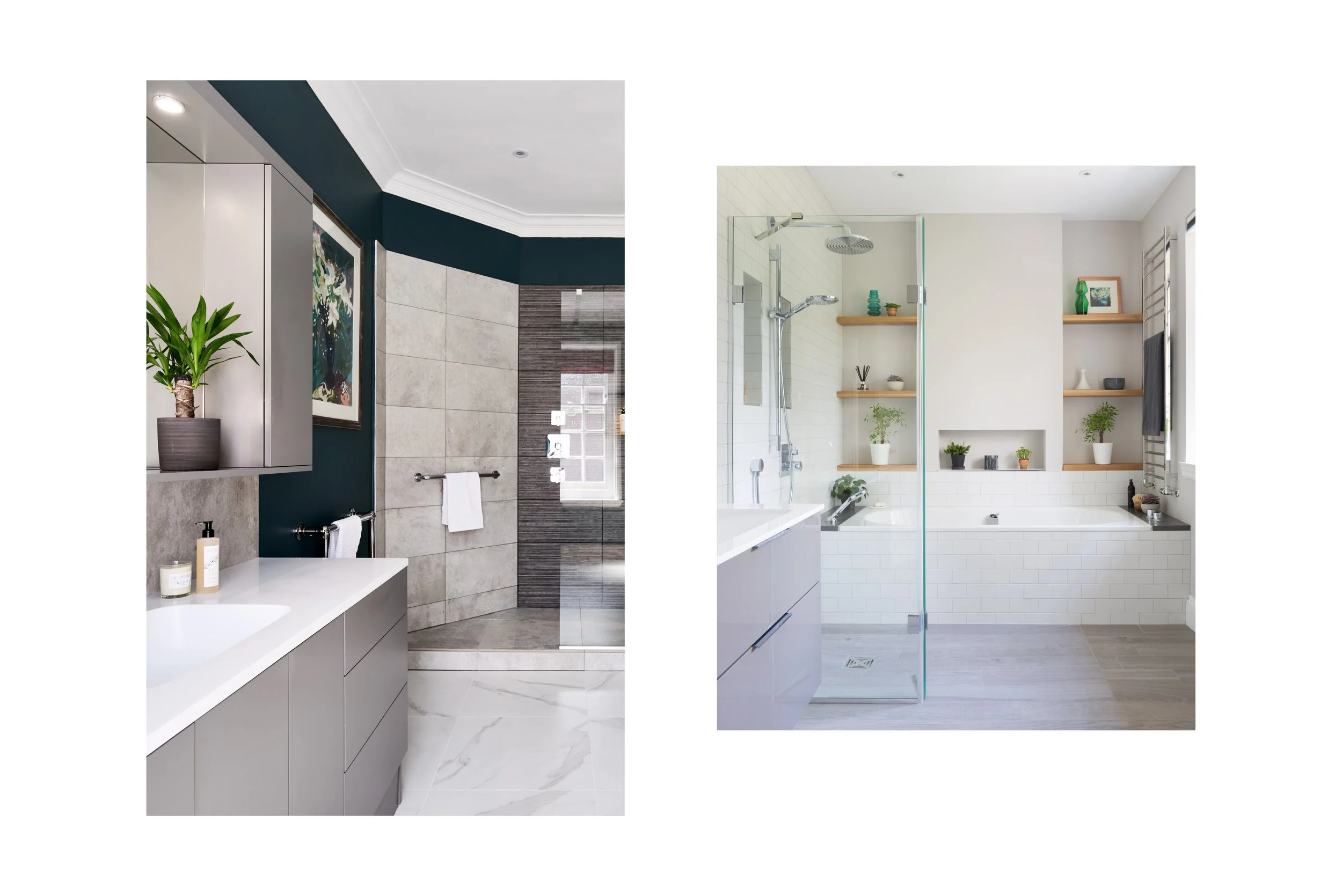 Image on the left shows a grey styled bathroom with marble accents and tiled walls. Image on the left shows a bathroom with white tiling and grey floors. Small walk in shower is positioned infant of white bathtub.
