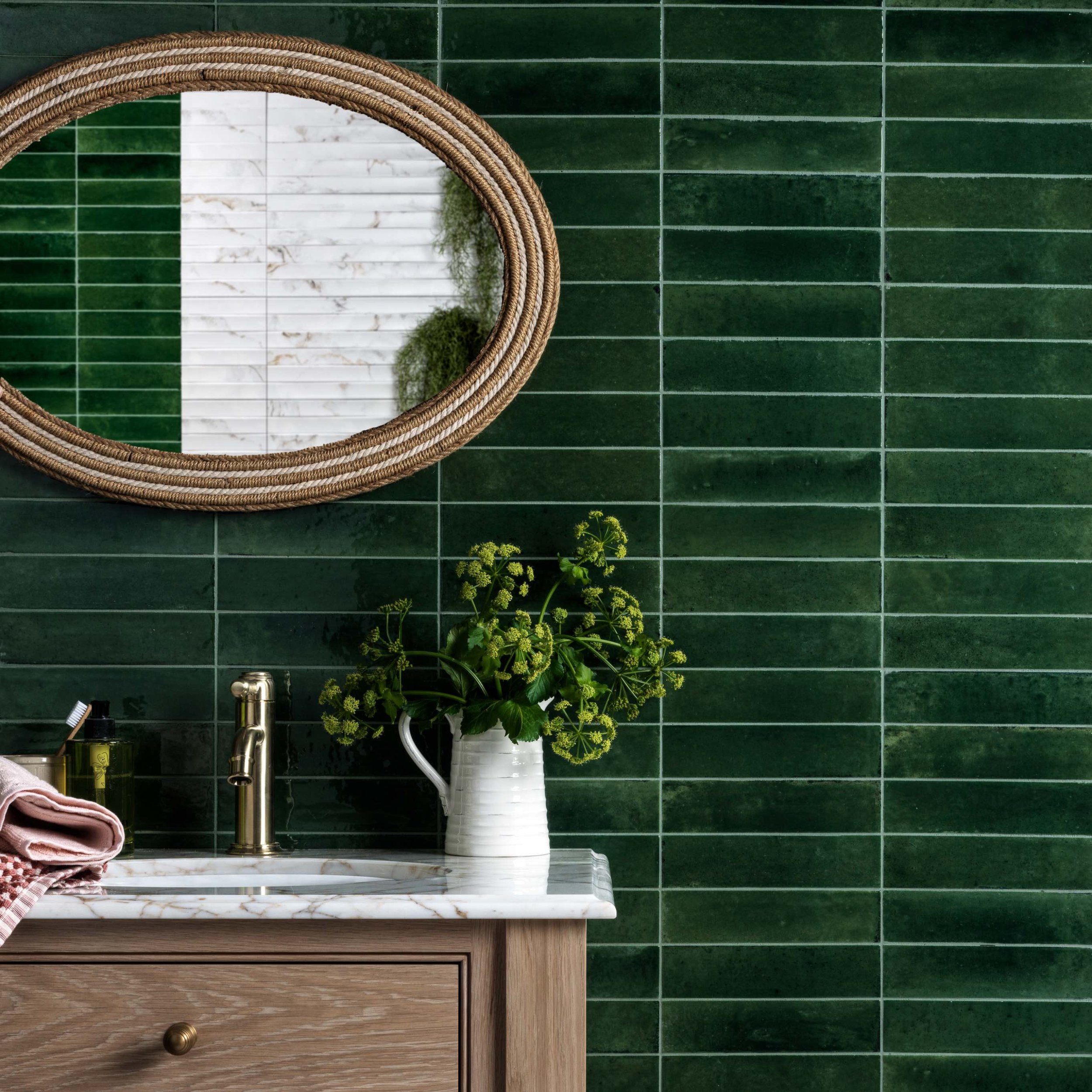 deep green glossy brick style tiles