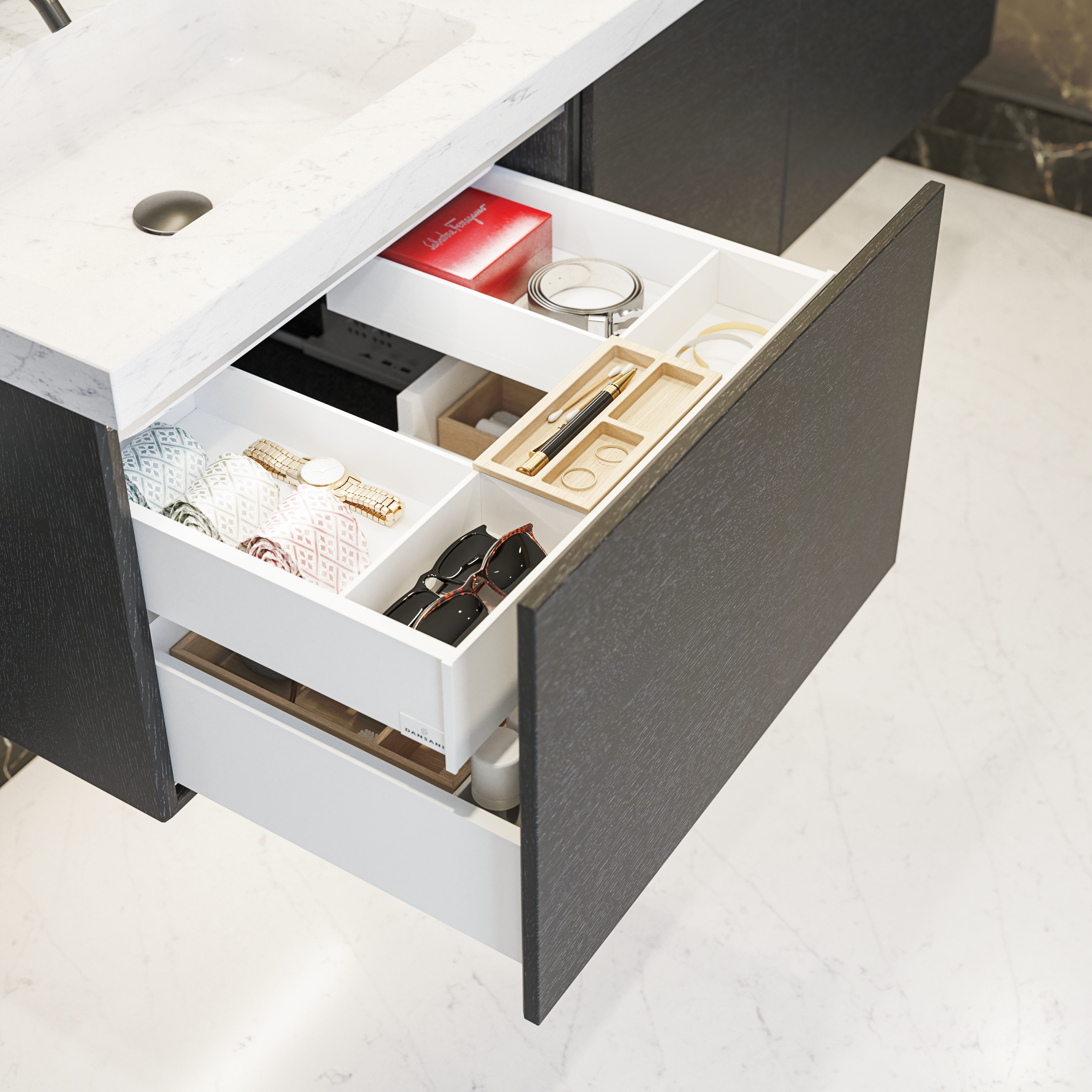 open bathroom vanity unit with storage draws