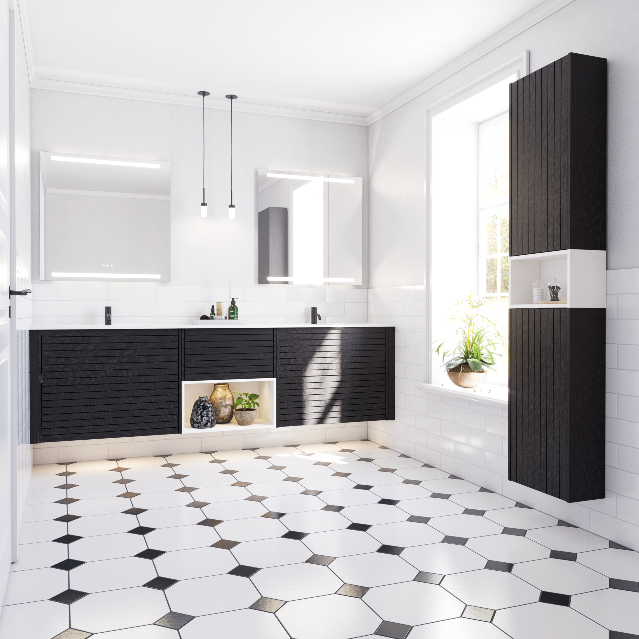Black grooved vanity unit in white bathroom