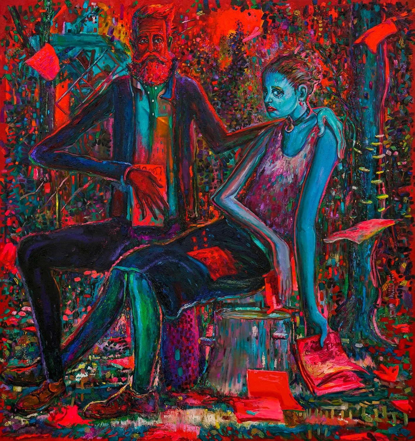 Poison Pens. Burning Hearts., Oil and Acrylic on Vinyl, 76" x 72", 2021