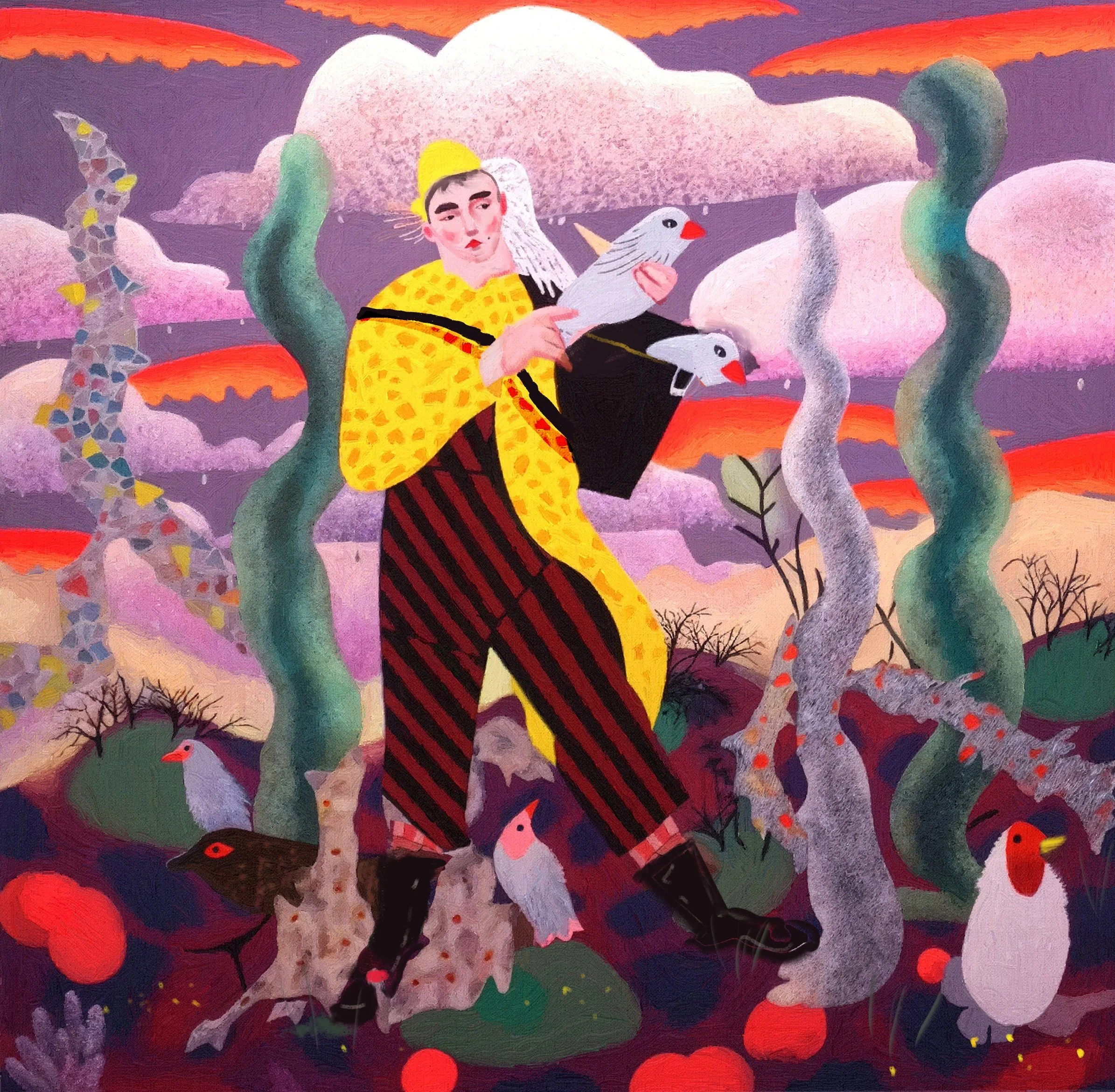 Two in the Bush, Oil and Acrylic on Canvas, 46" x 48", 2024