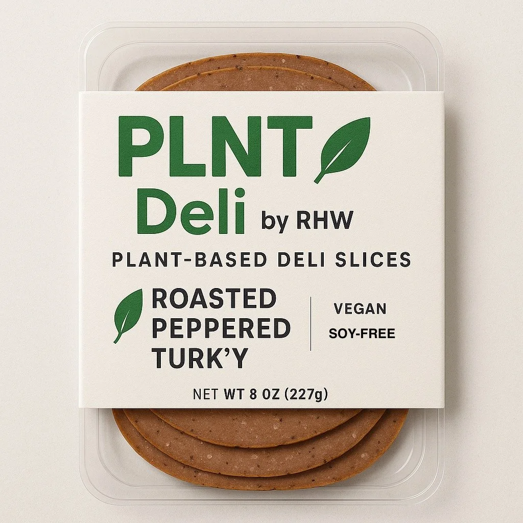 Packaged plant-based deli slices labeled 'PLNT Deli by RHW' with roasted peppered turkey, vegan and soy-free, 8 oz.