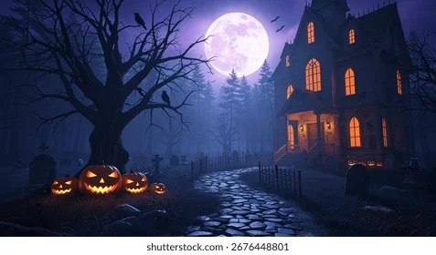 A spooky Halloween scene featuring a haunted house, full moon, bare trees, and glowing jack-o'-lanterns along a cobblestone path.