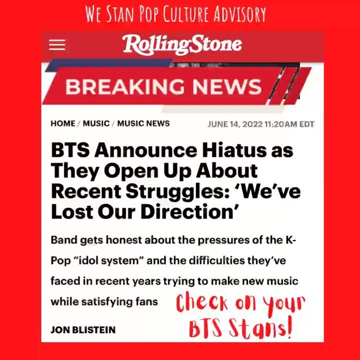 We know many in the We Stan Fam are struggling today. Everyone please keep @ladytomhanks - especially - in your thoughts right now. 💔 Sending our love to all the BTS Stan Stans. Here if you need to talk.