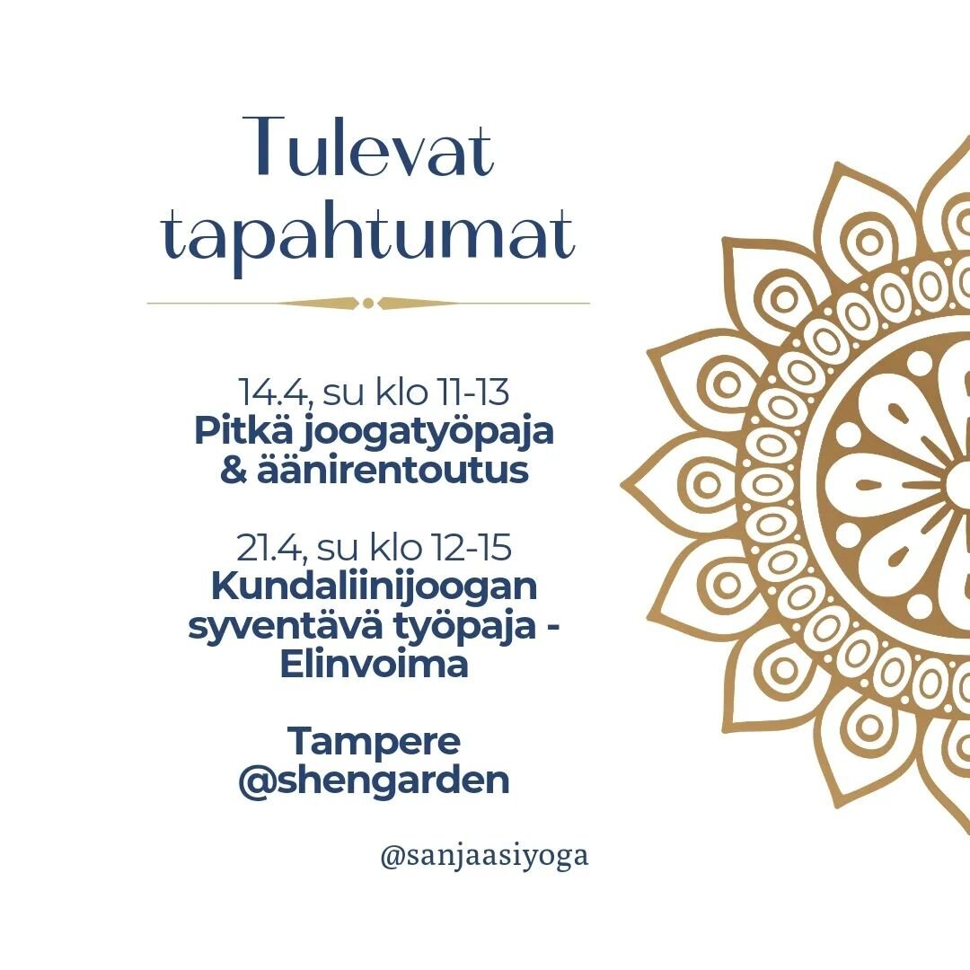 T&auml;m&auml;n kuukauden tapahtumat! 💞🫶💫

👉 Kundaliinijoogan pitk&auml; 2h ty&ouml;paja Tampereella &auml;&auml;nirentoutuksen kanssa. Tunnilla tehd&auml;&auml;n perinteinen kundaliinijoogaharjoitus pidemm&auml;ll&auml; ajalla ja syv&auml;rentou