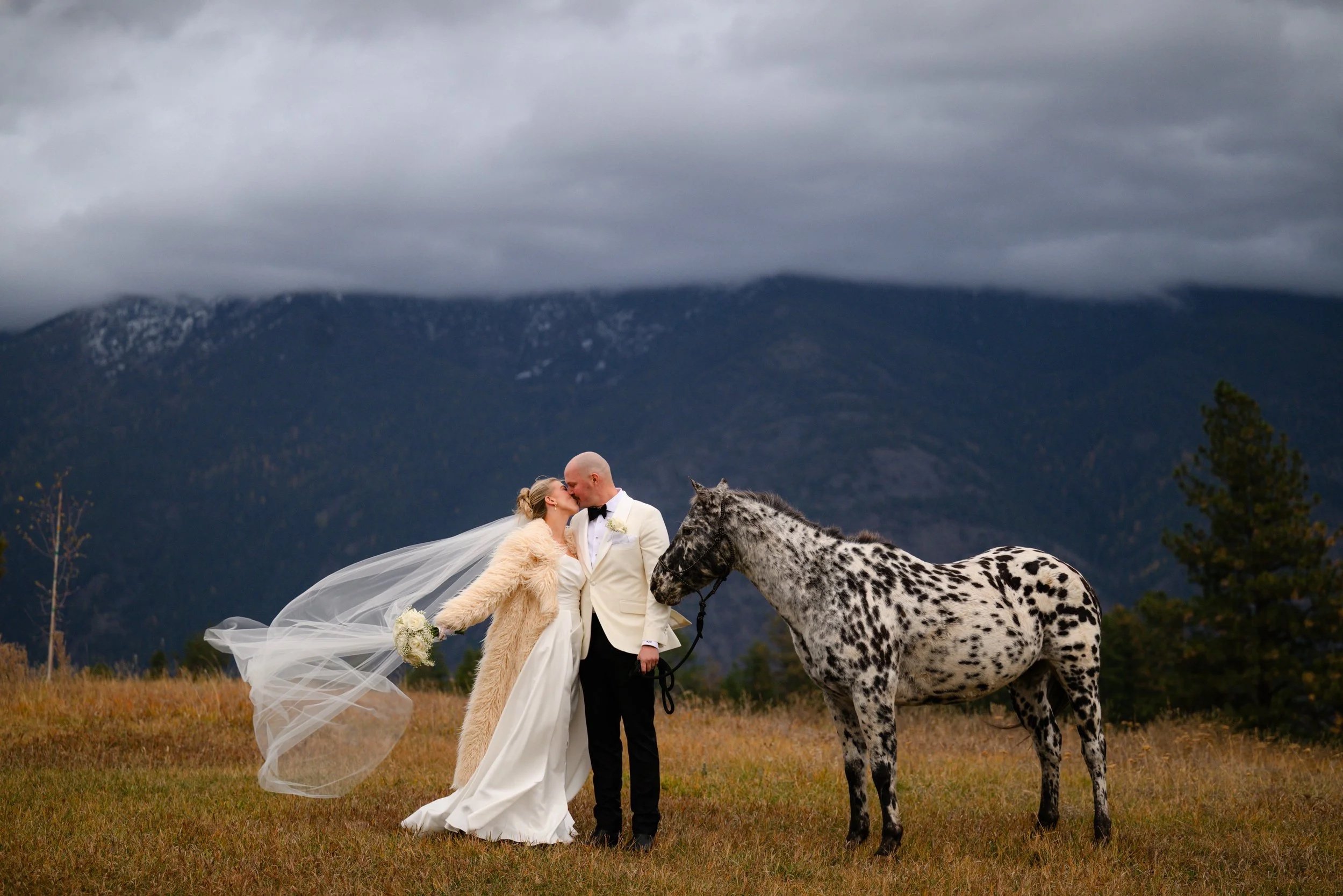 A bride and groom kissing outdoors with a mountain range in Montana and dark clouds in the background, accompanied by an appaloosa horse.