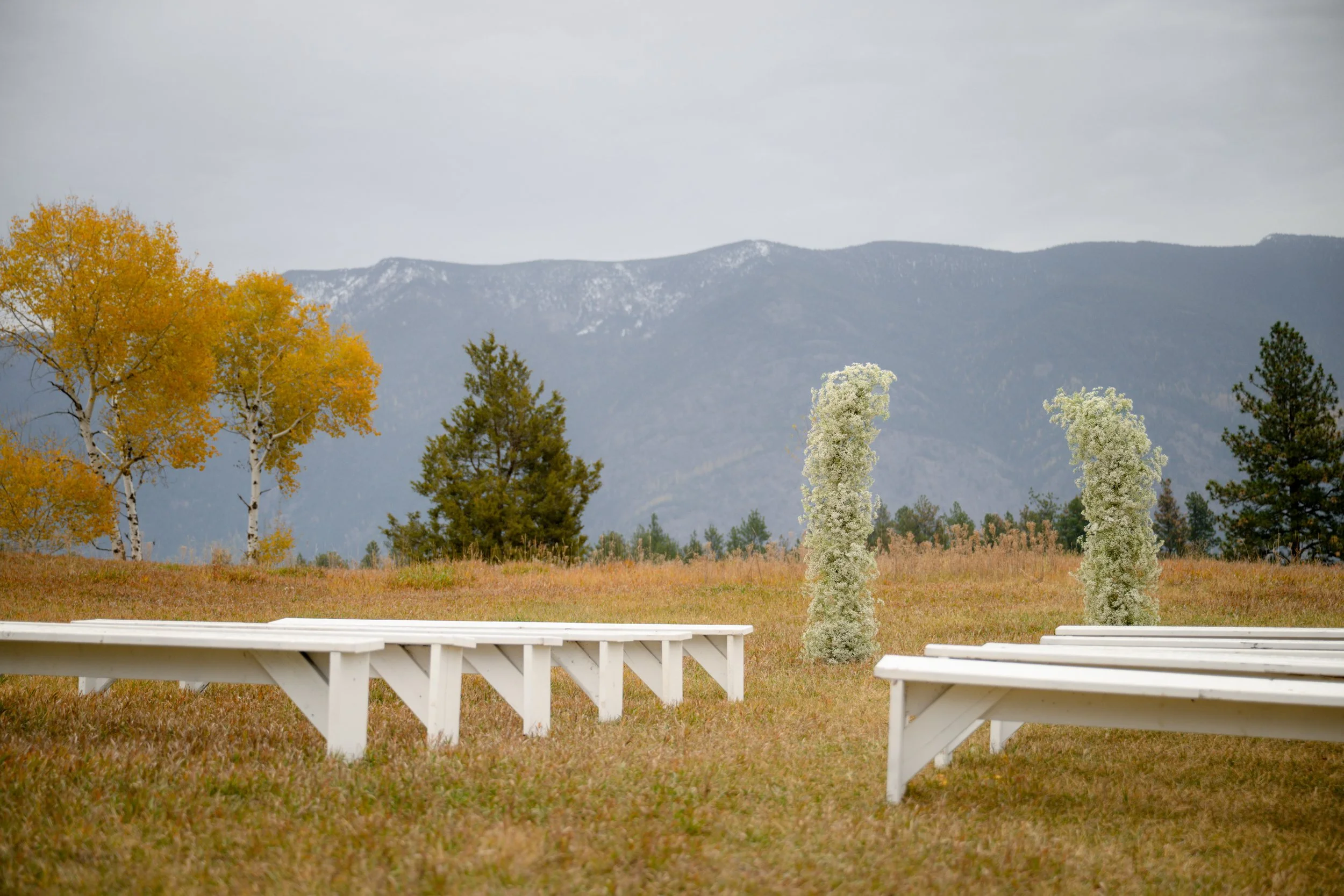A scenic view of a mountain landscape with trees in fall colors and nearby white picnic tables.