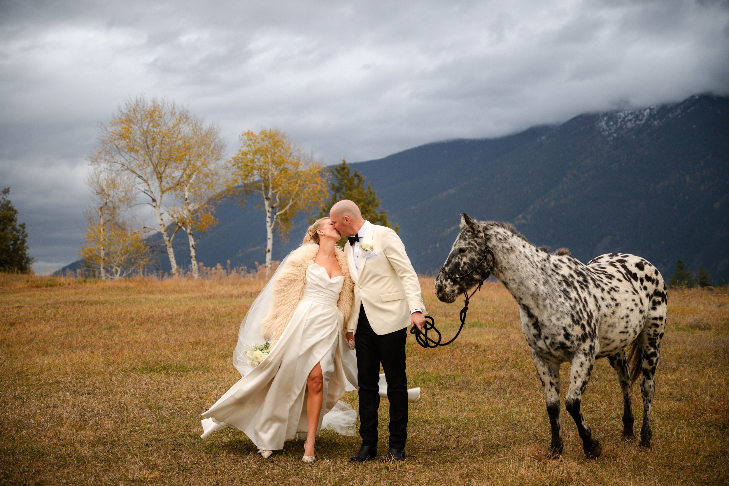 A bride and groom sharing a kiss while holding a leash attached to a spotted horse, with trees and mountains in the background on a cloudy day.