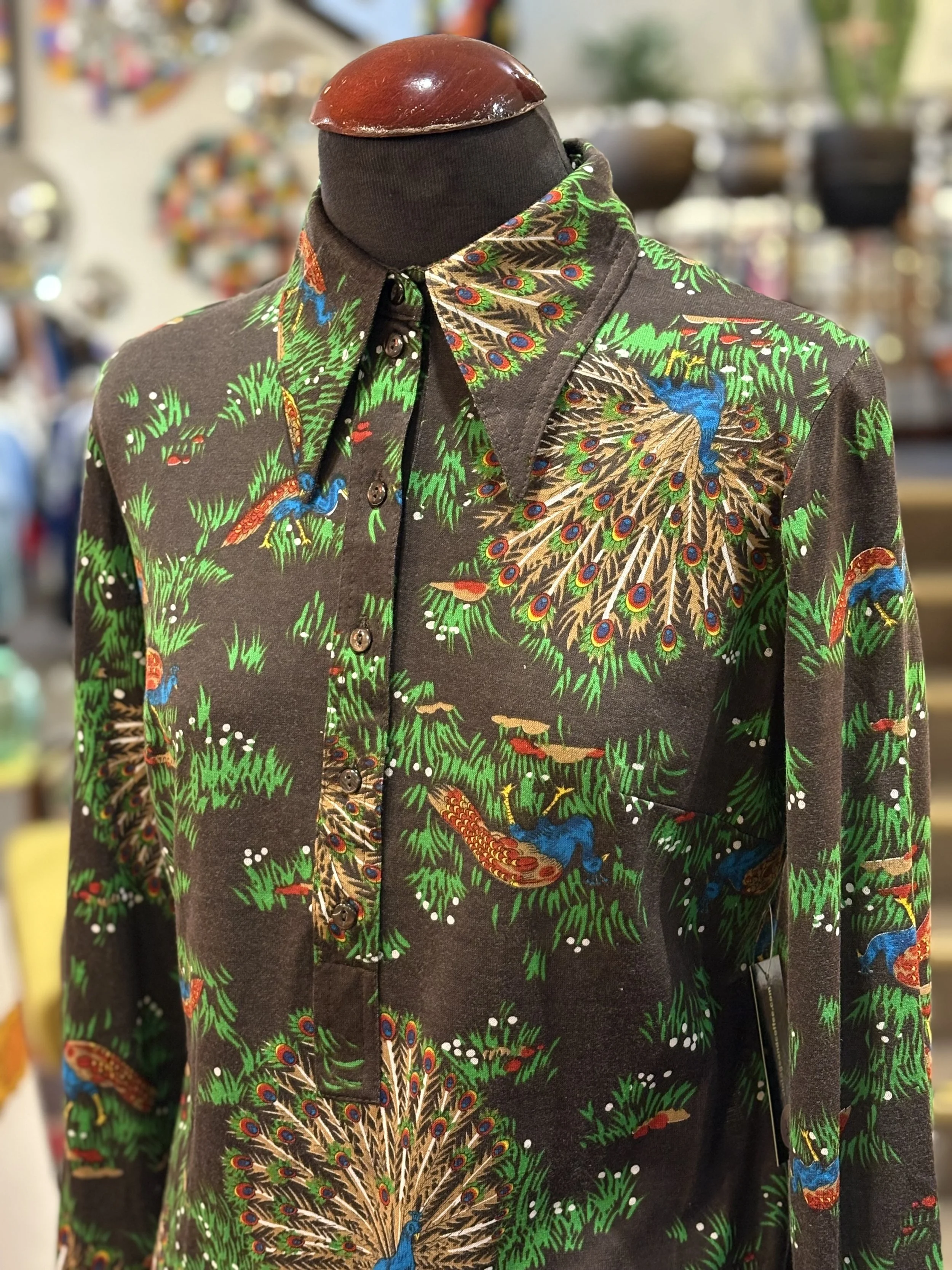Camisa polera vintage TGL Stockholm años 70 estampado multicolor