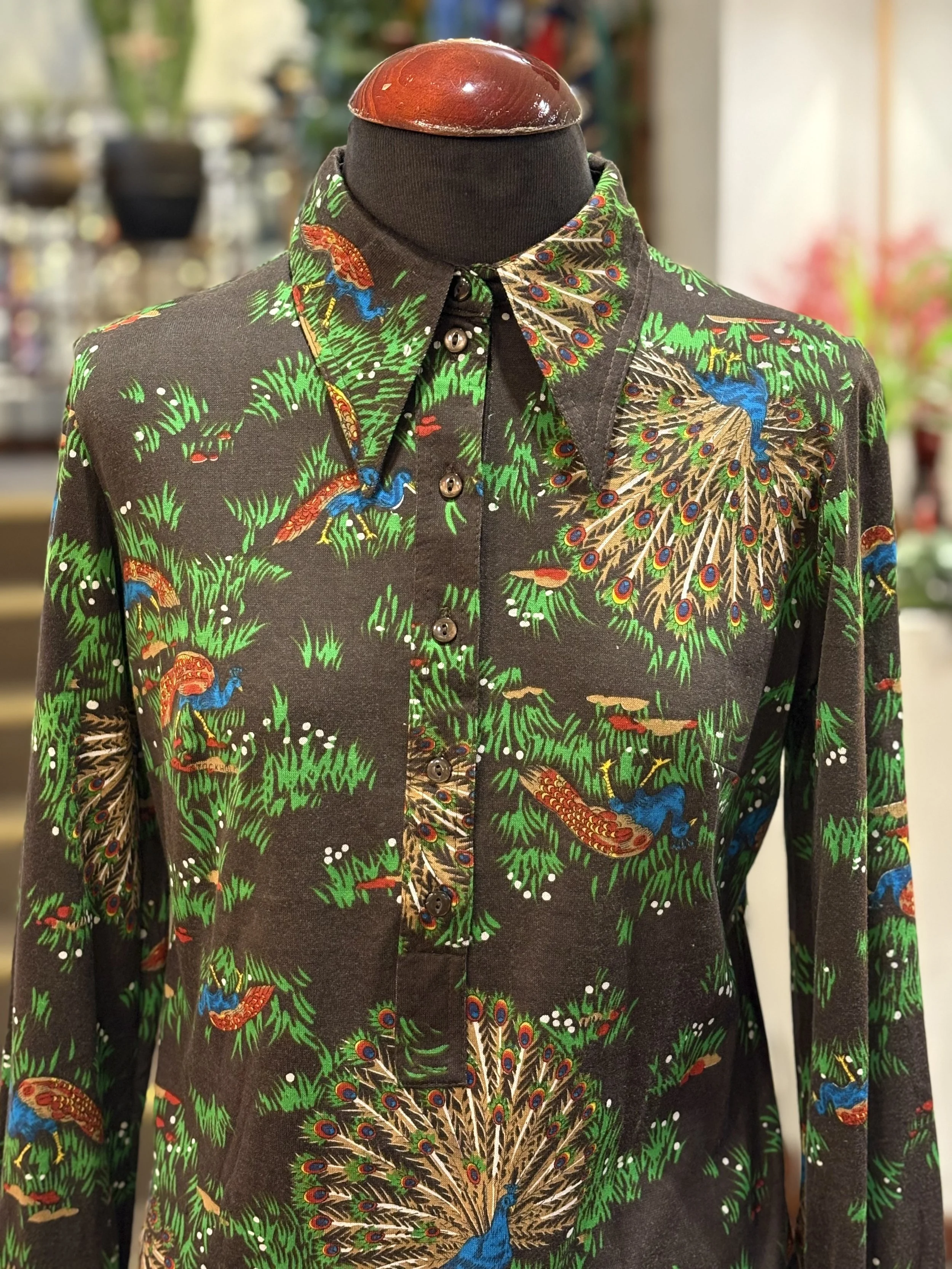 Camisa polera vintage TGL Stockholm años 70 estampado multicolor