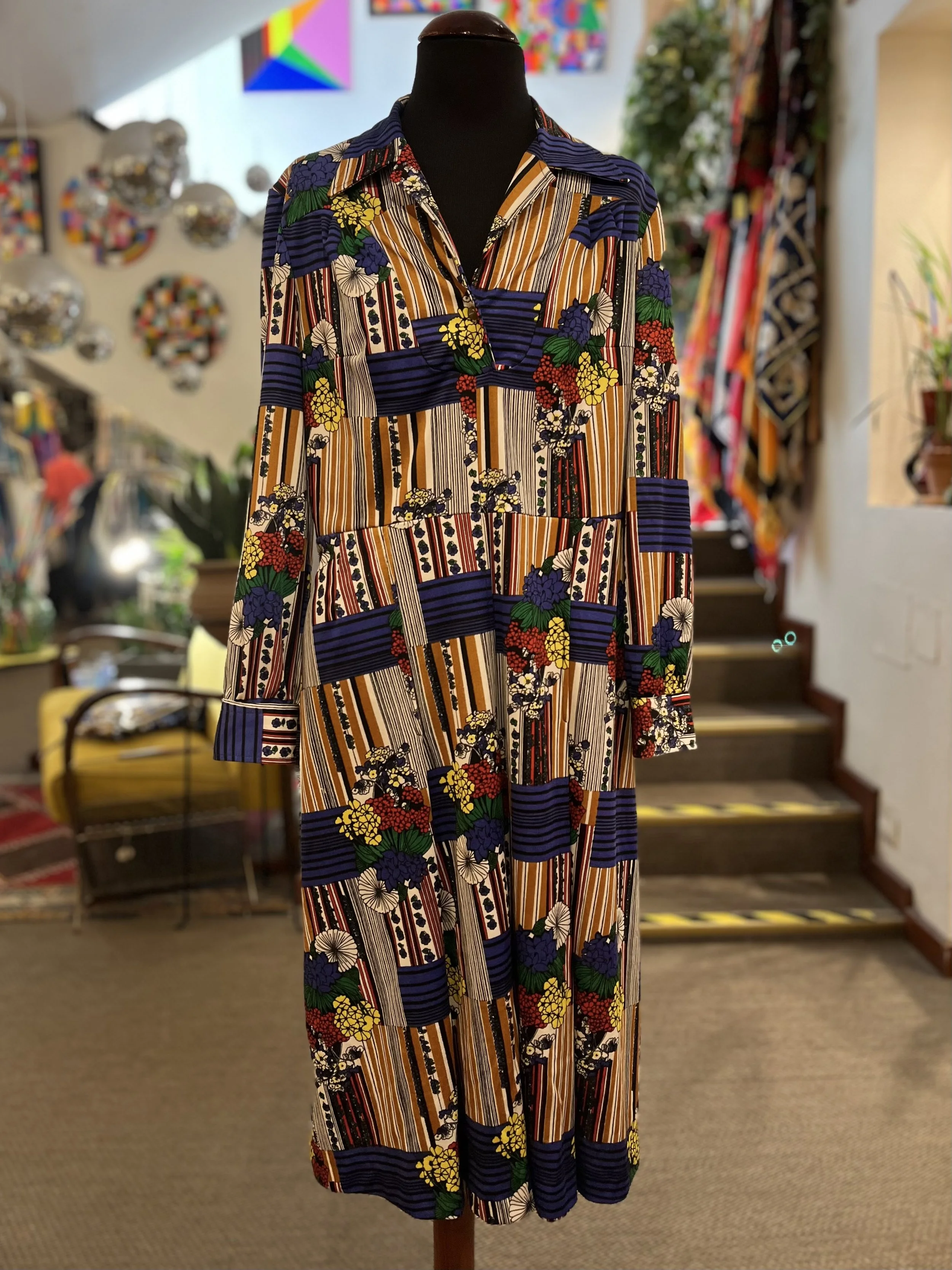 Vestido vintage patchwork años 80 estampado multicolor