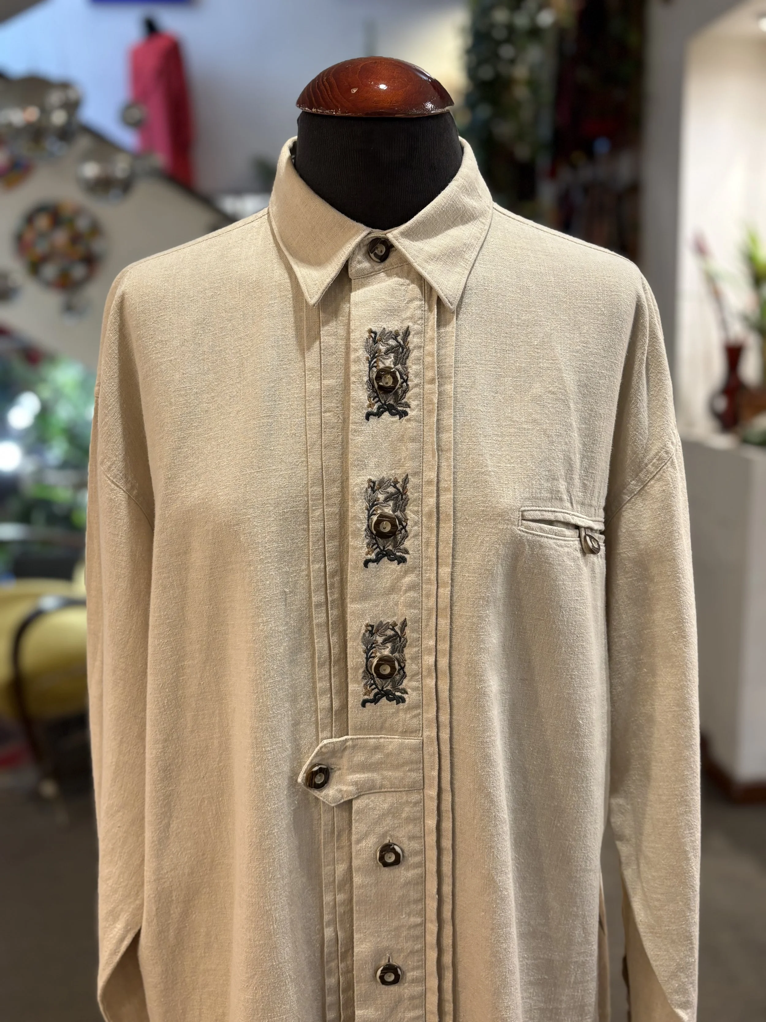 Camisa vintage tirolesa de Grubig Trachten camisa 100% lino tono beige