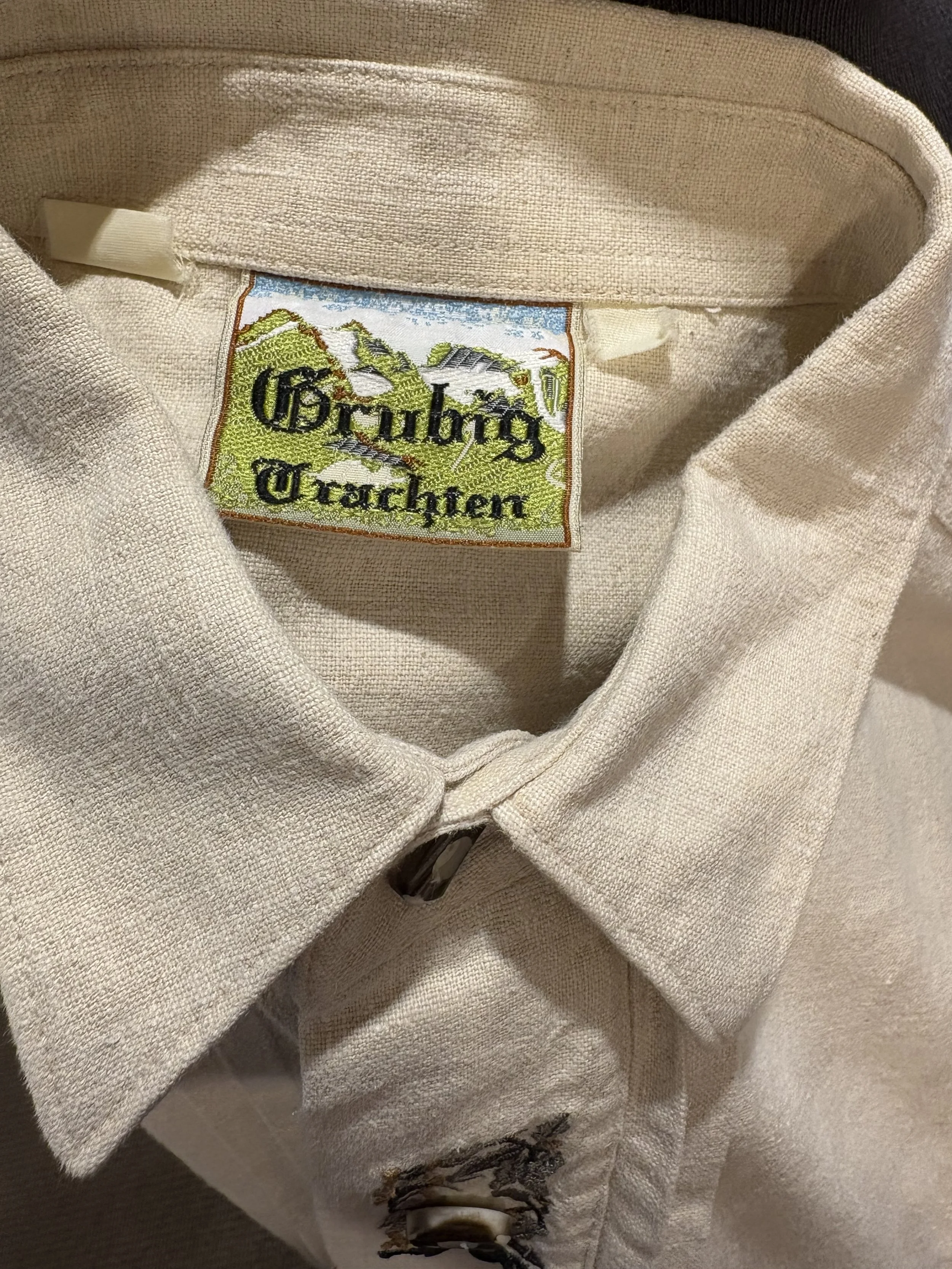 Camisa vintage tirolesa de Grubig Trachten camisa 100% lino tono beige