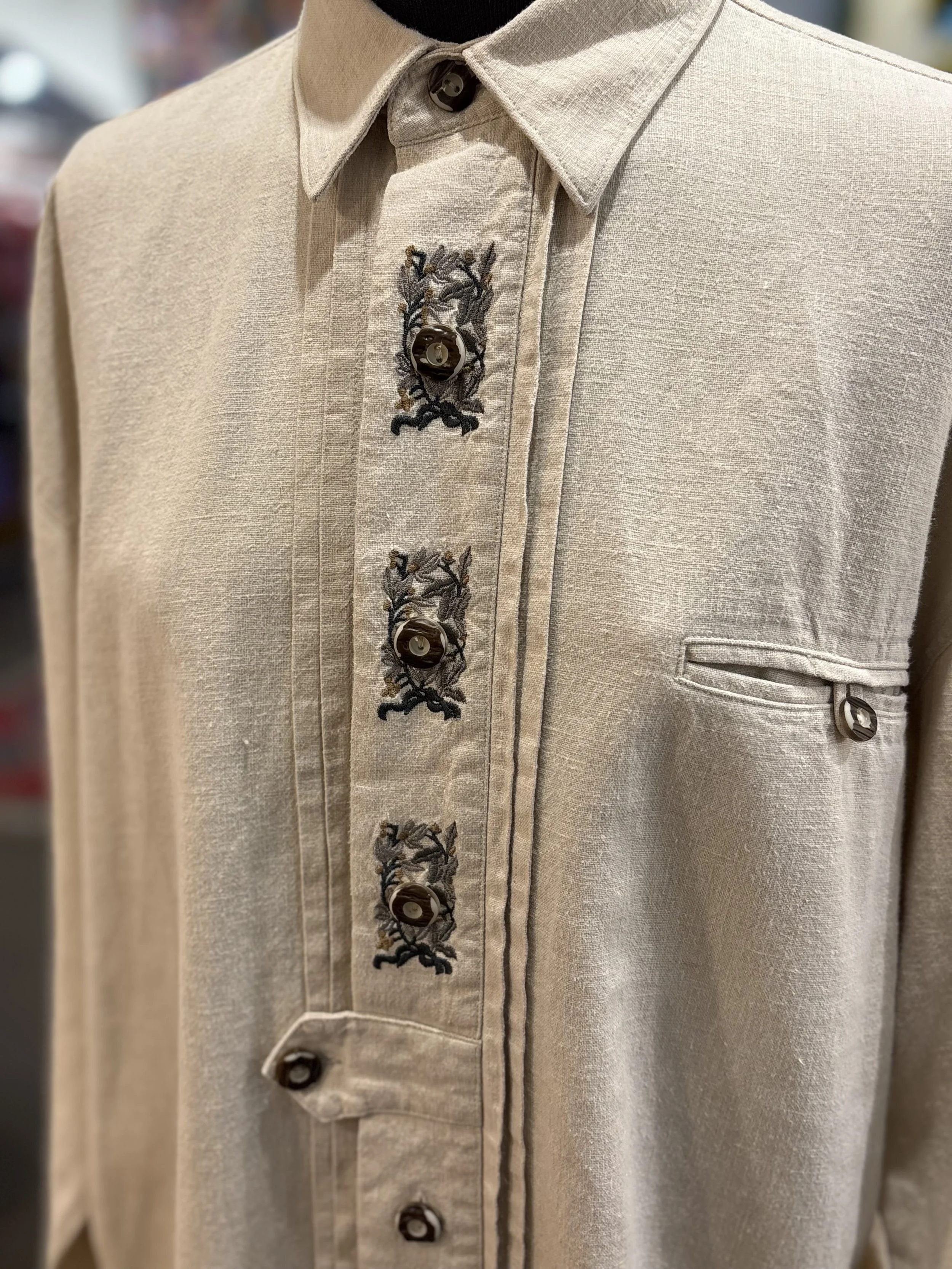 Camisa vintage tirolesa de Grubig Trachten camisa 100% lino tono beige