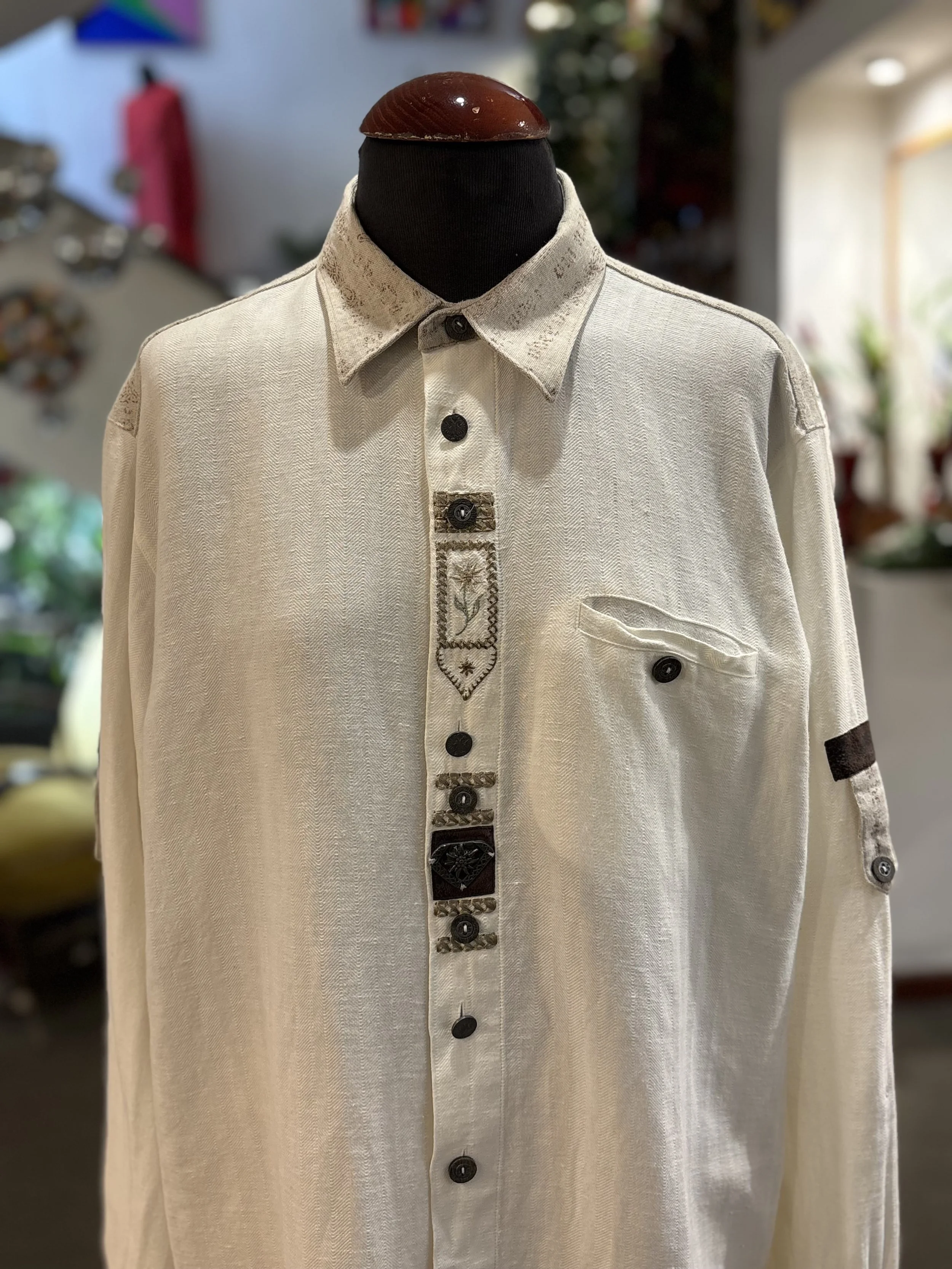 Camisa vintage tirolesa de Distler Original camisa 100% lino tono blanco roto