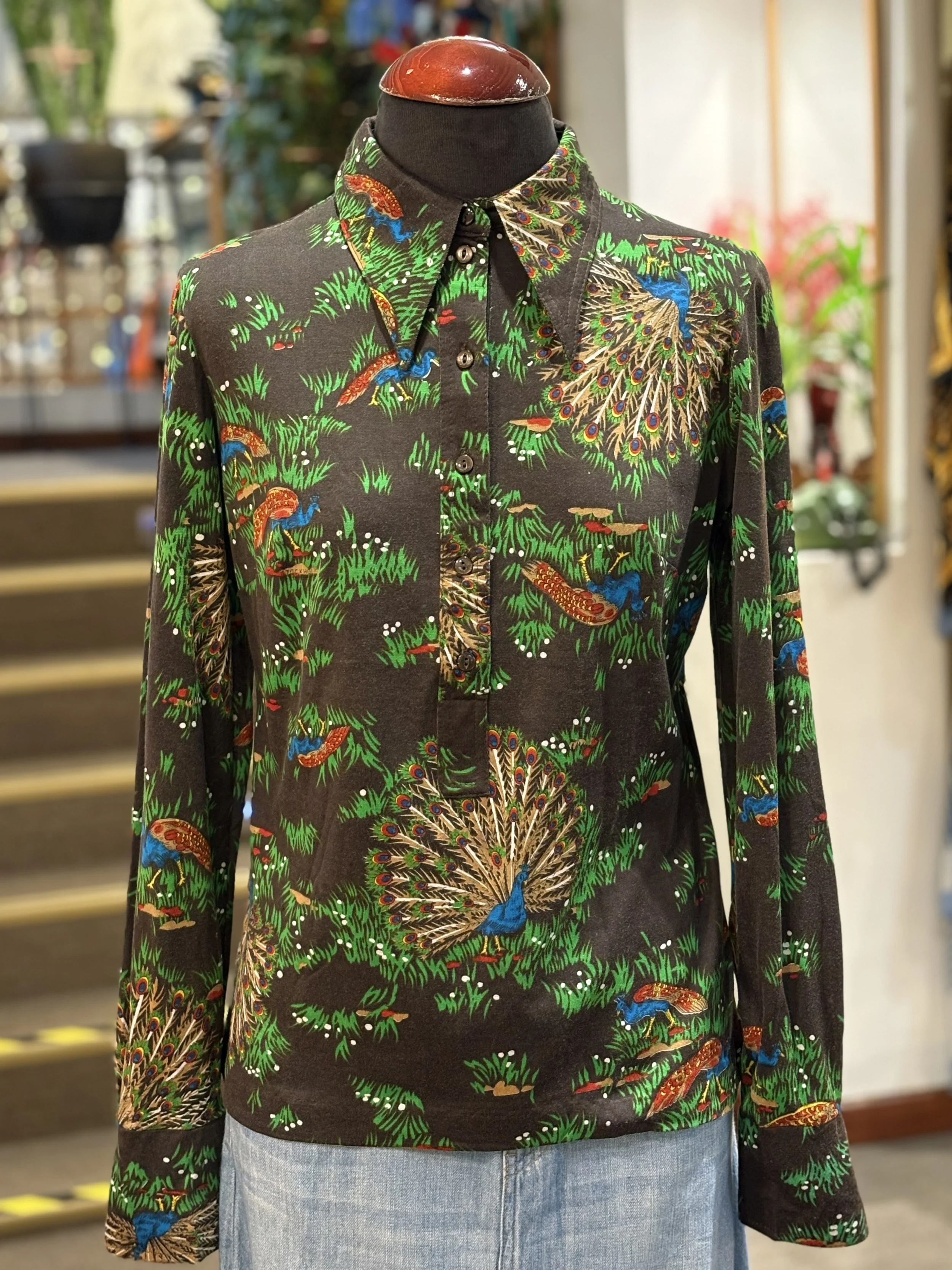Camisa polera vintage TGL Stockholm años 70 estampado multicolor