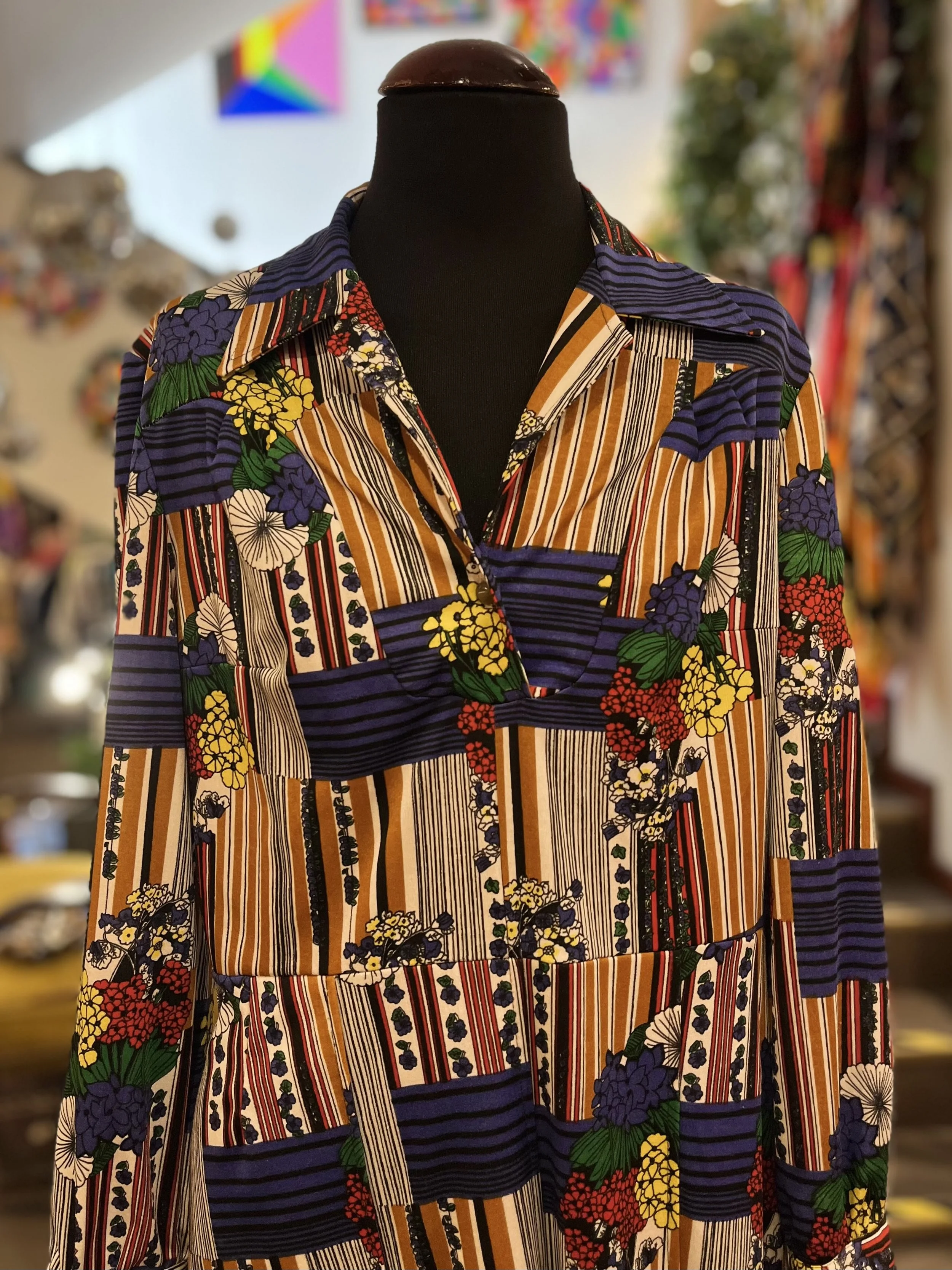 Vestido vintage patchwork años 80 estampado multicolor