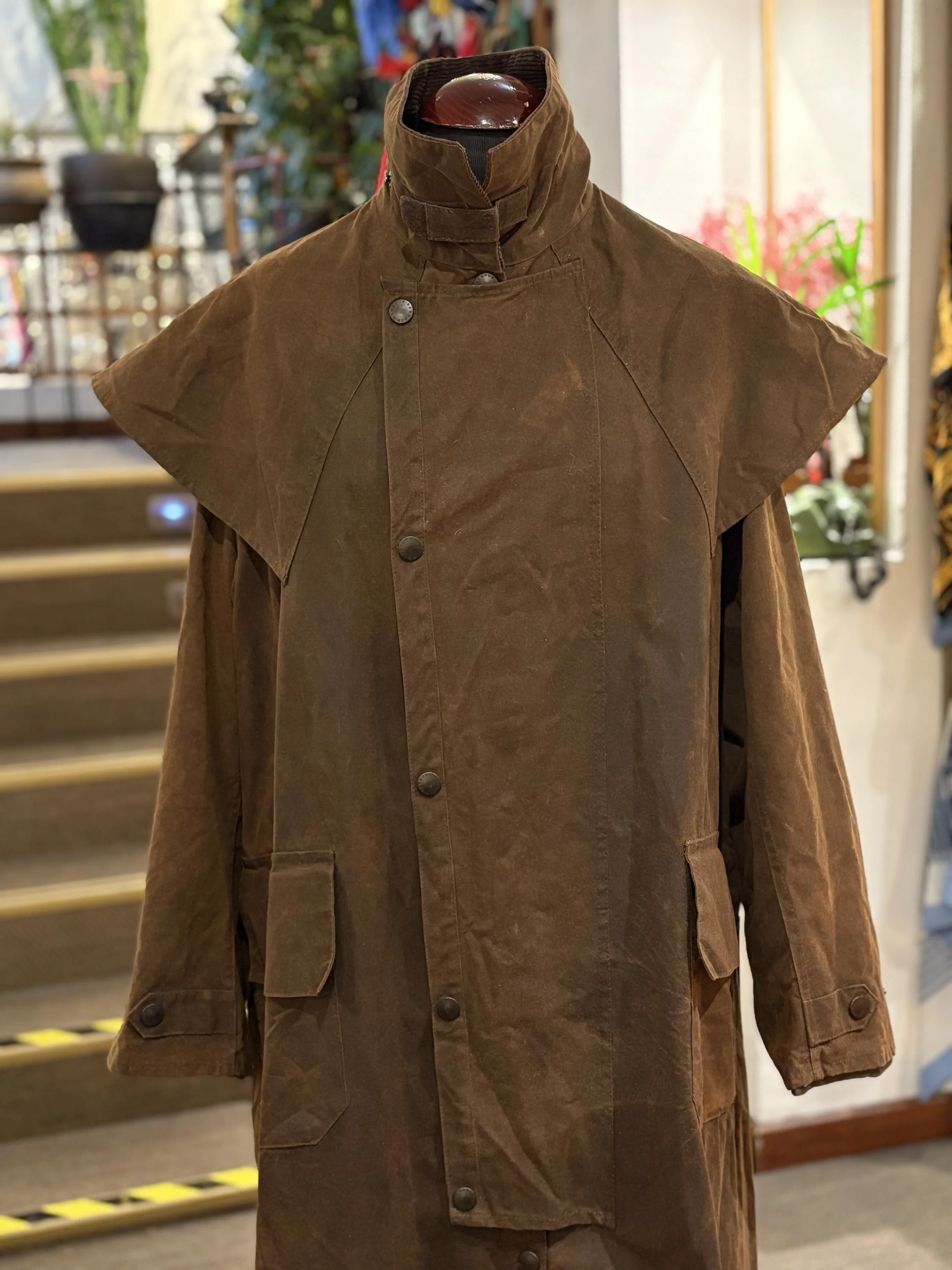 Chaqueta vintage larga encerada de Barbour Stockman marrón oscuro años 2000