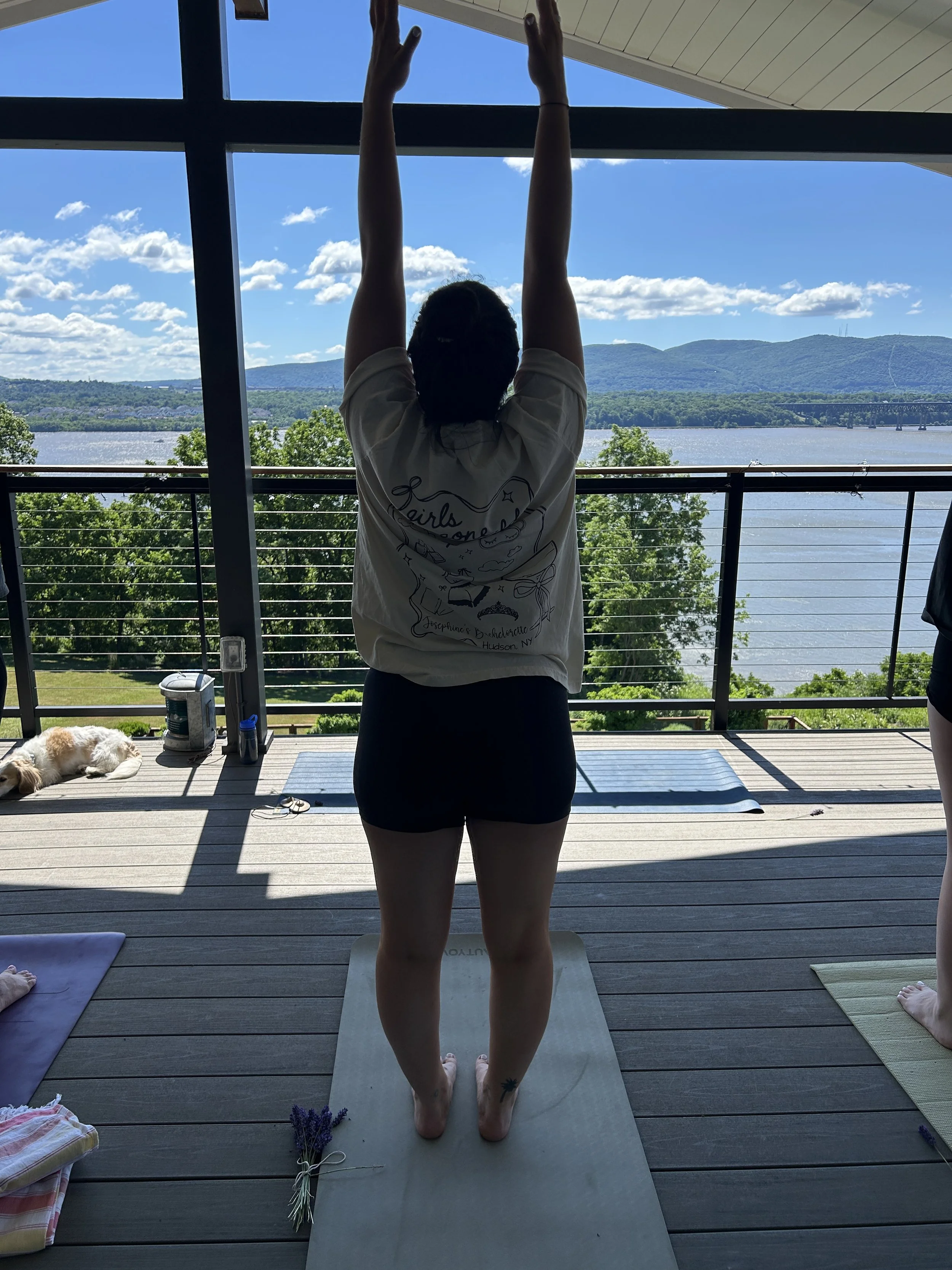 A person practicing yoga on a balcony overlooking a river, mountains, and a bridge on a sunny day, with a dog lying on the floor nearby.