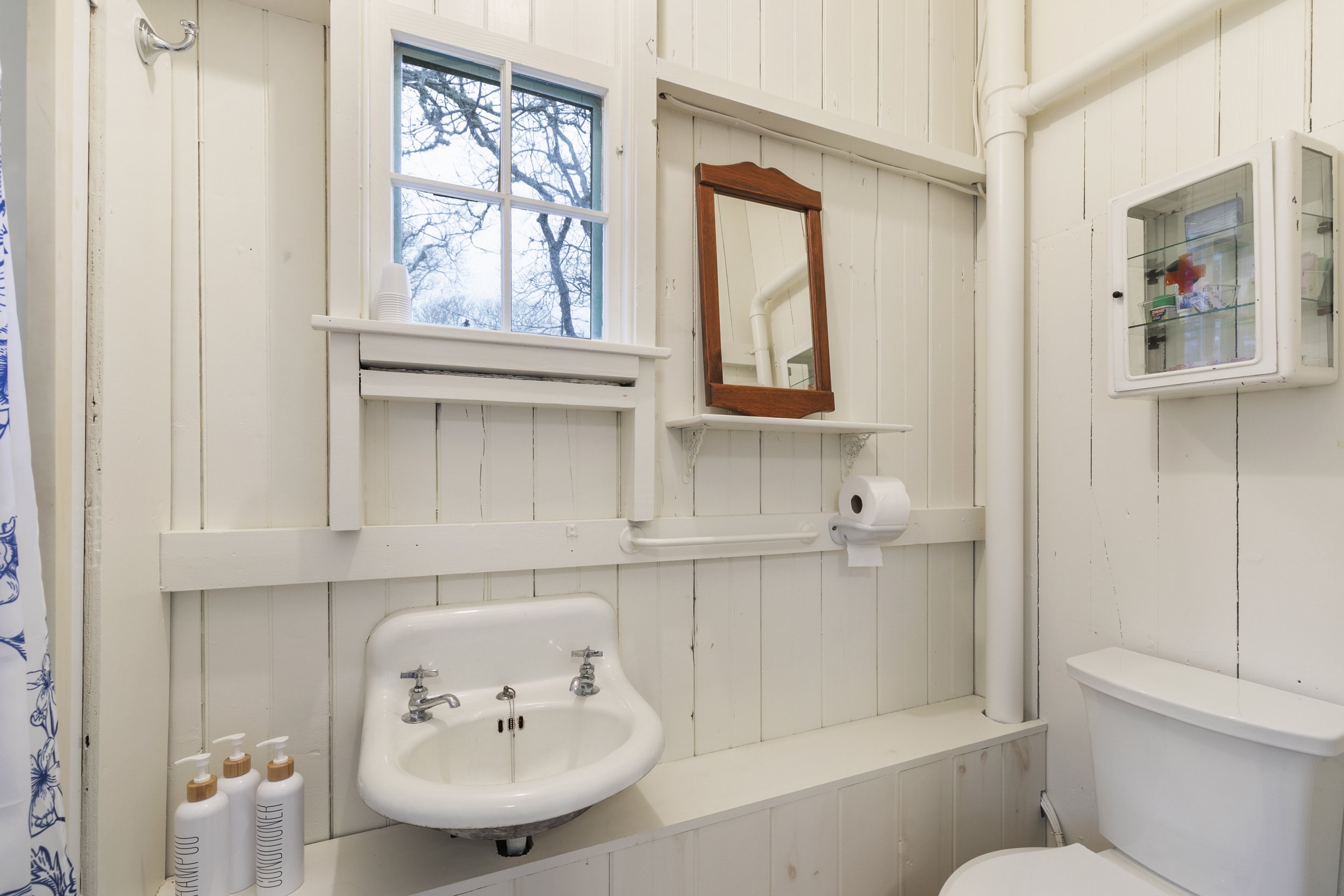 View of bathroom with sink, window, mirror and medicine cabinet