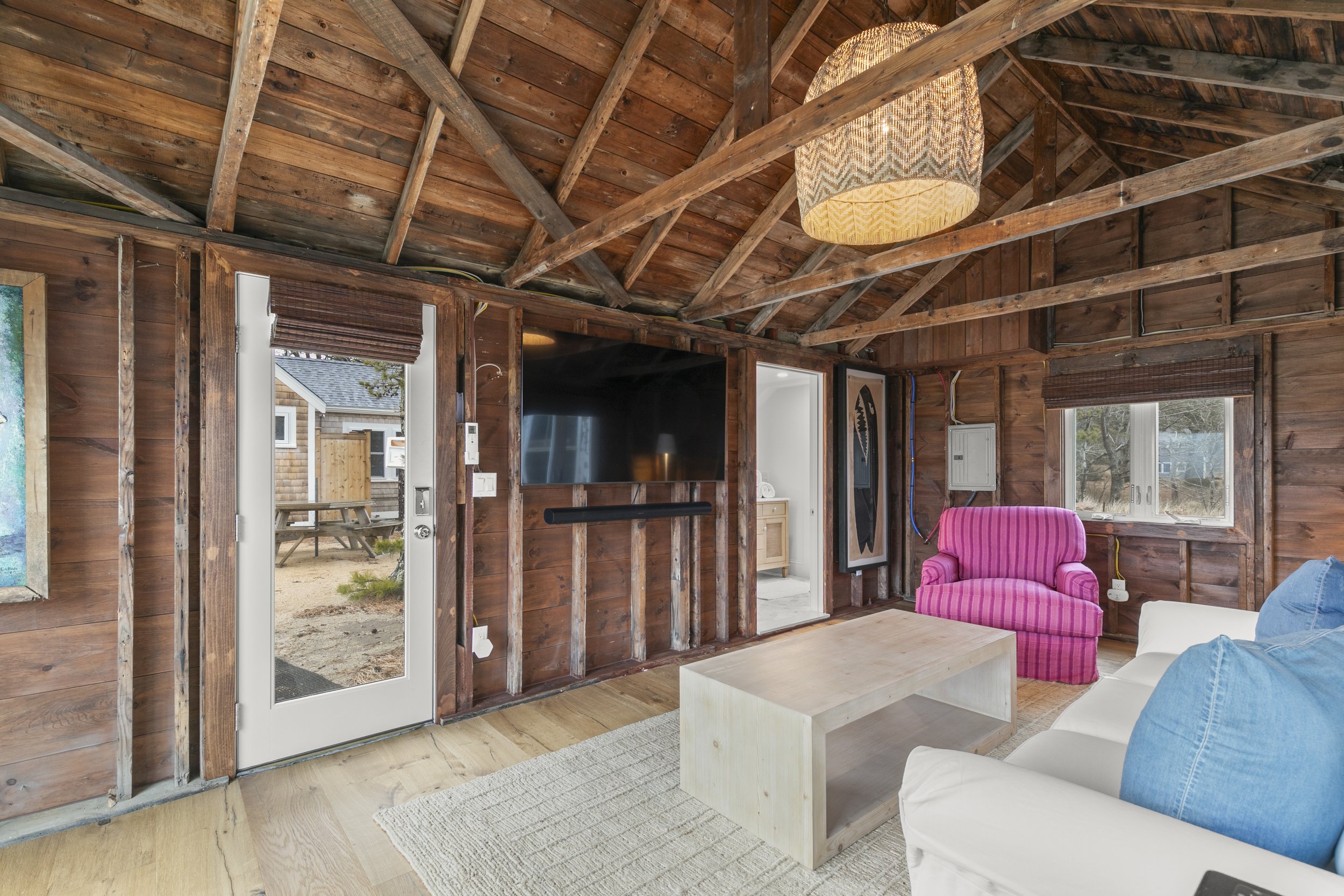 Another view of tv in hangout shed