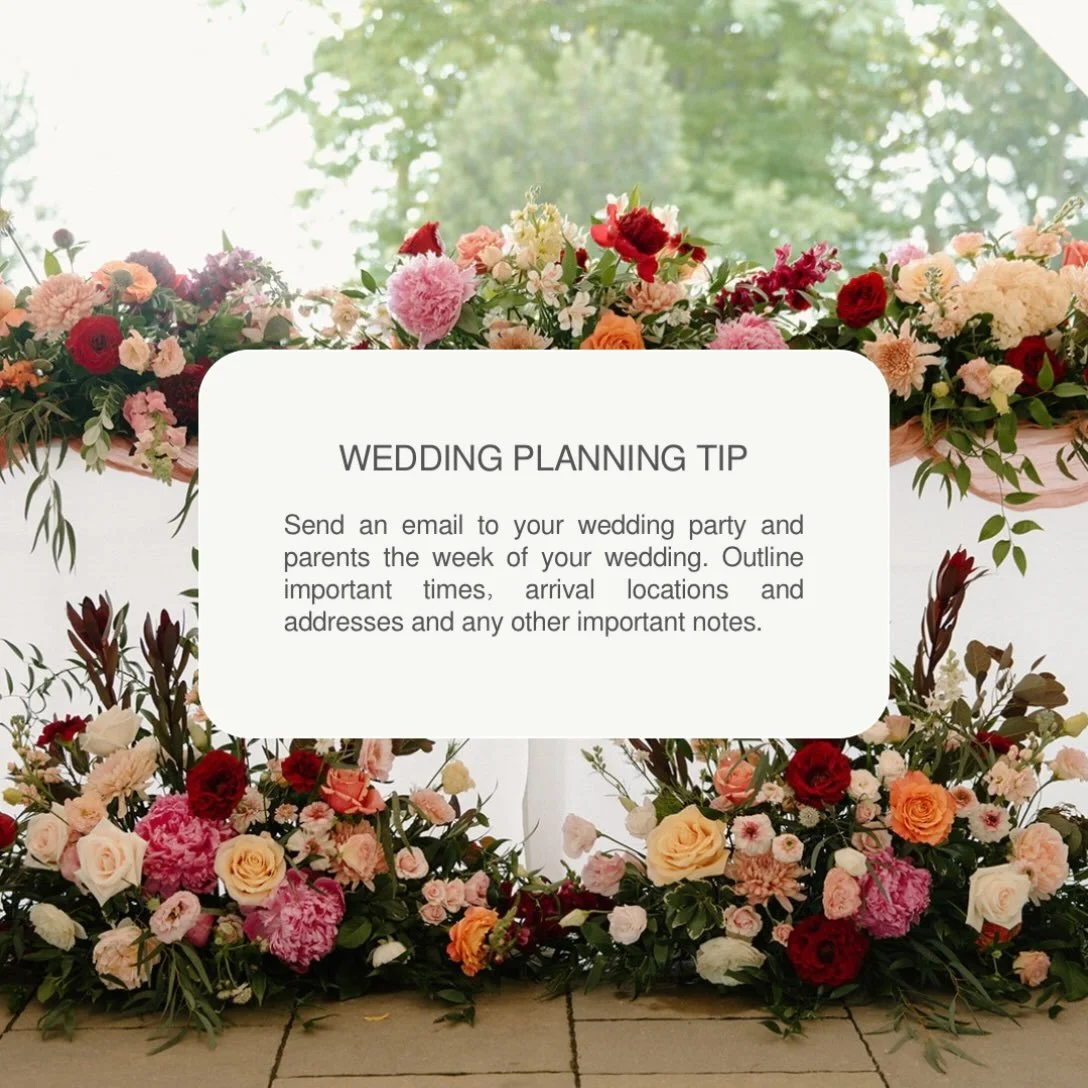A little tip as you get closer to your wedding day. 

Send your VIPs an email outlining the details important to them- start time, photo time, when the bar opens etc. This will help ease the amount of questions you have to answer and let everyone fee