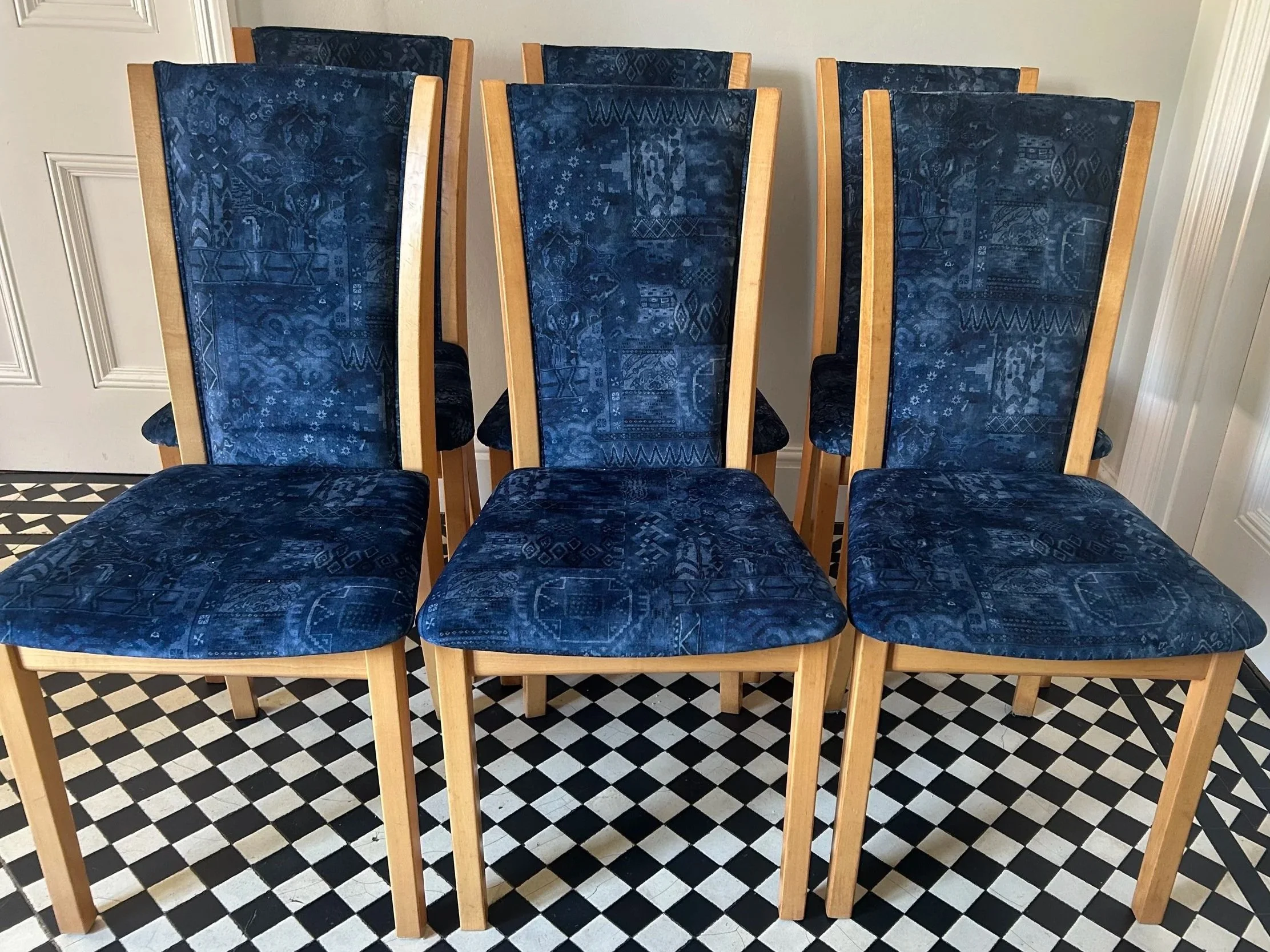 6 Danish dining chairs completely transformed with new foam and beautiful Linwood Fez velvet