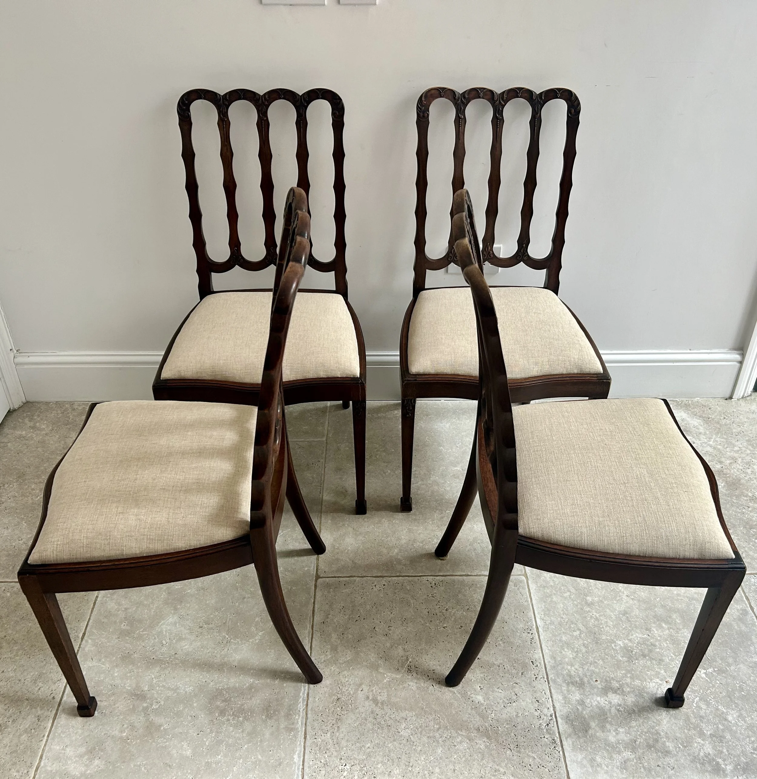 Set of 4 traditional dining chairs, fully reupholstered using traditional materials