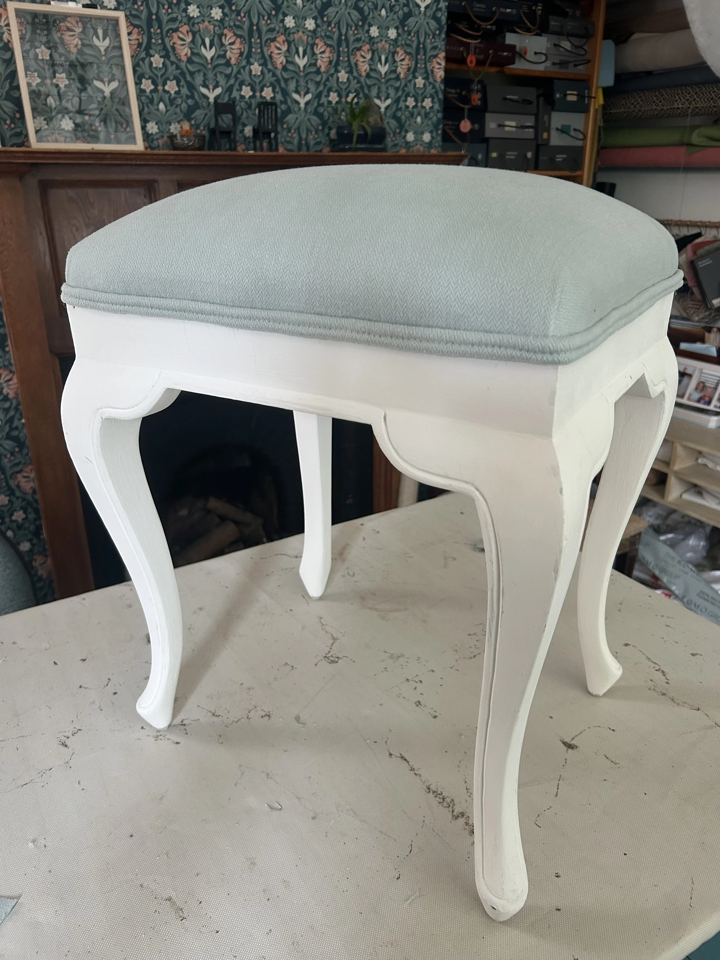 New fabric and double piping trim for this dressing table stool