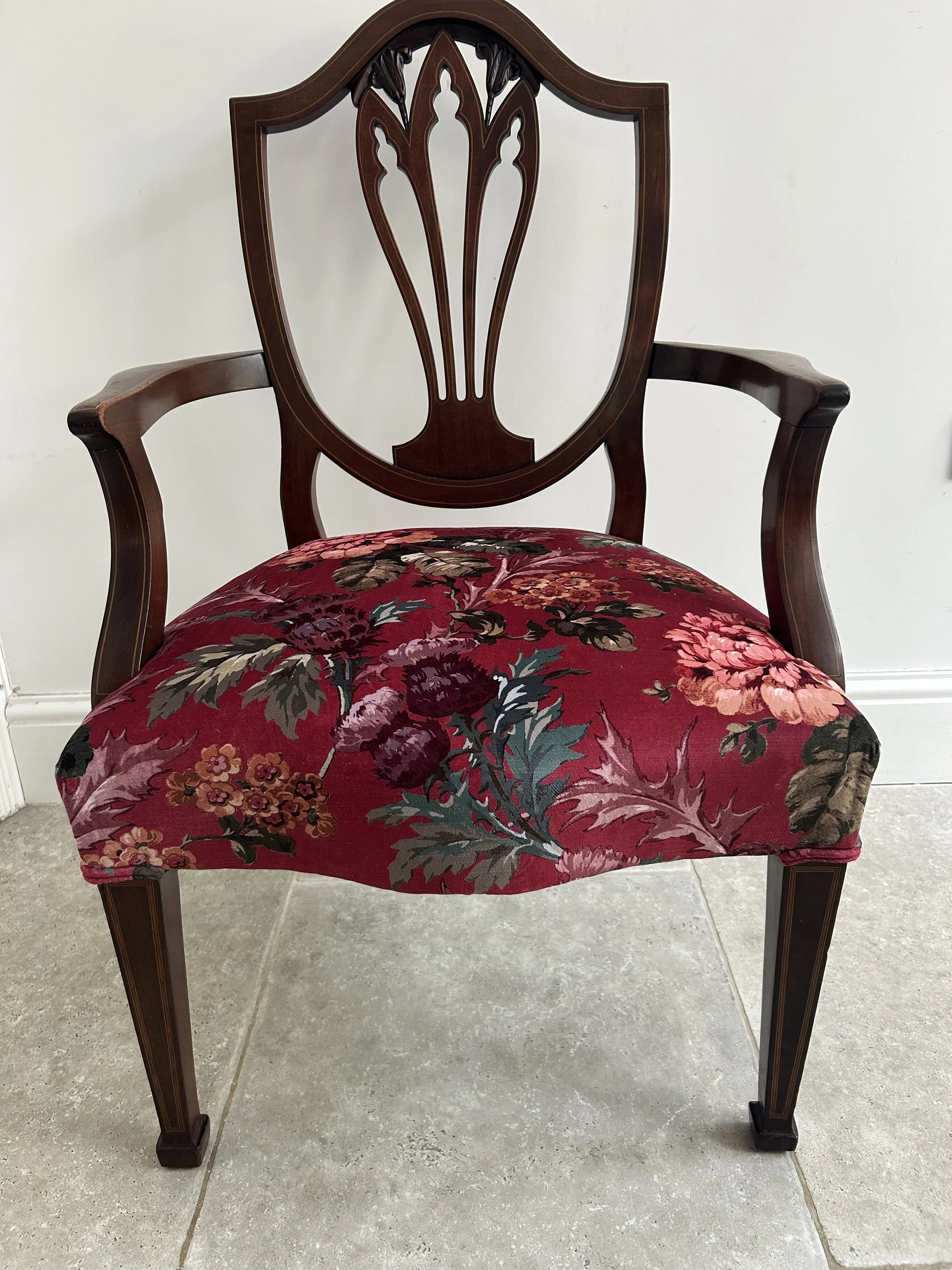Traditionally reupholstered chair, rebuilt from frame upwards and finished in this stunning velvet from Arley House