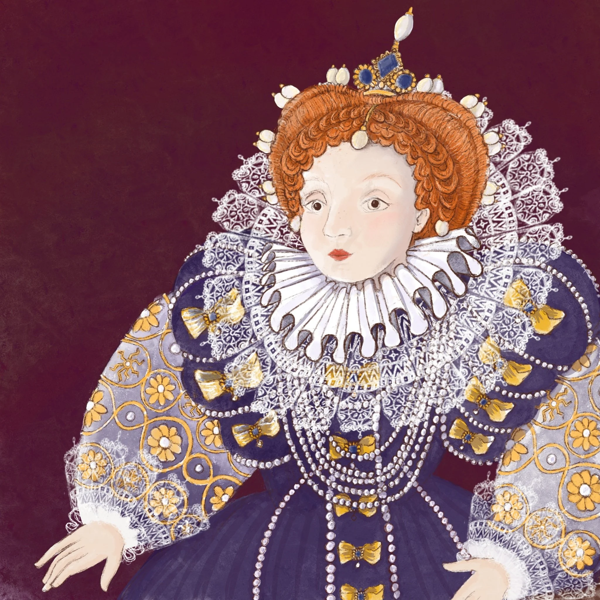 Queen Elizabeth I, Kidlit illustration, portrait, Queen England