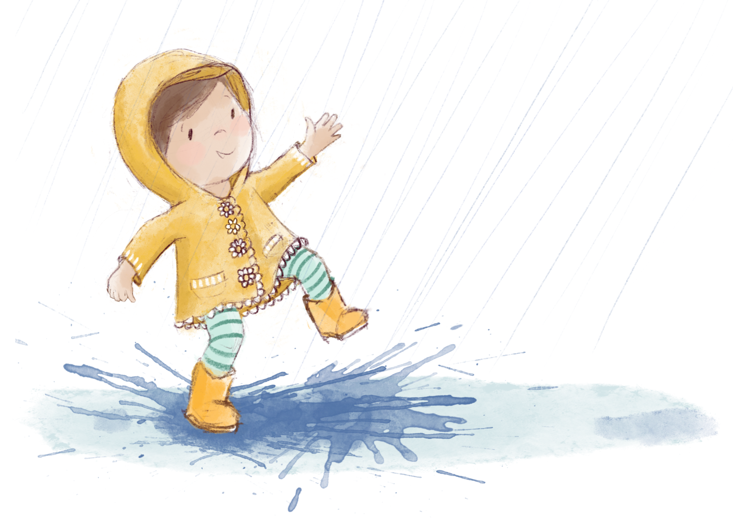 Child splashing in the rain; kidlit artist; raining illustration; puddle stomping; Rainy day art