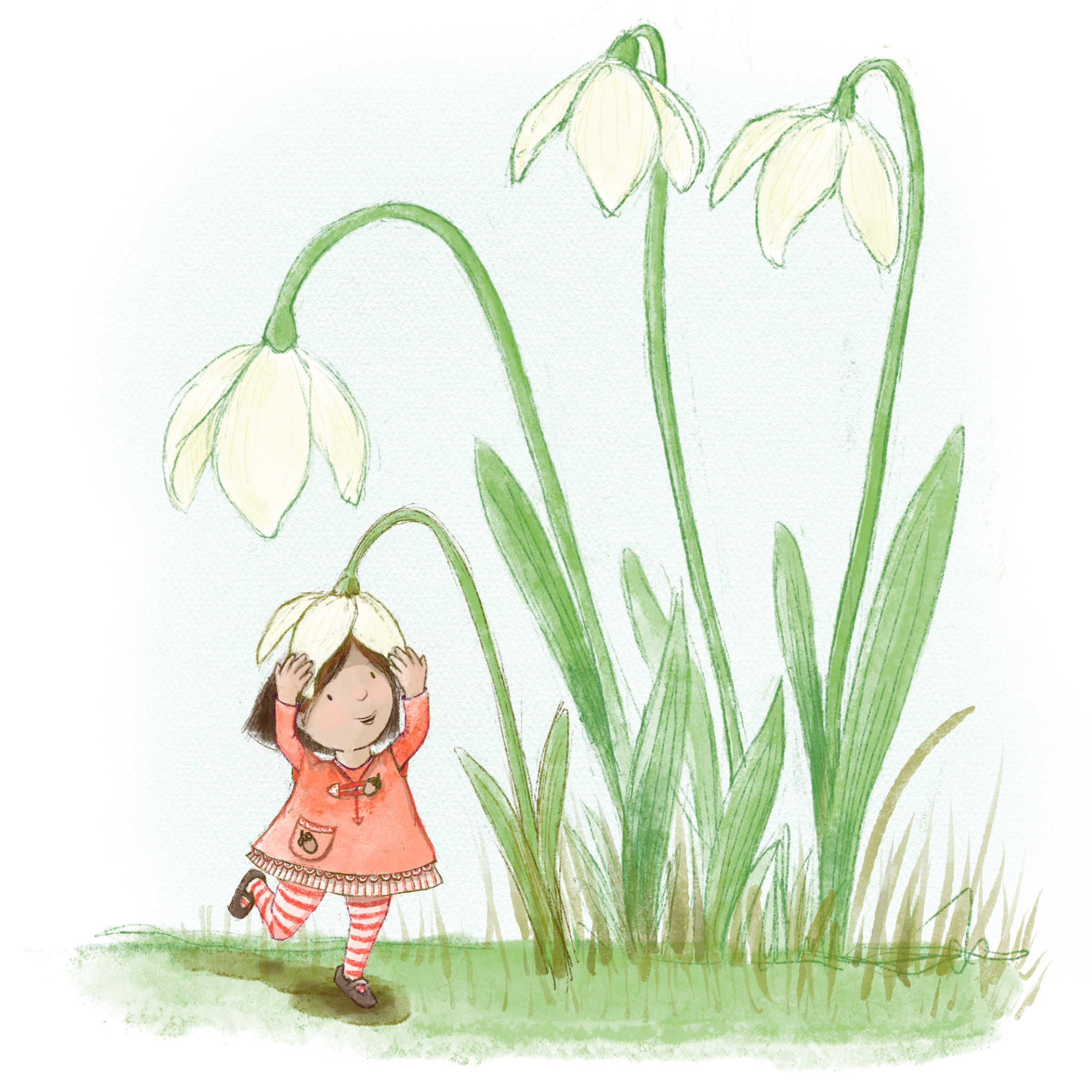 snow drop illustration, elf character illustration, kid lit art, nicola torode