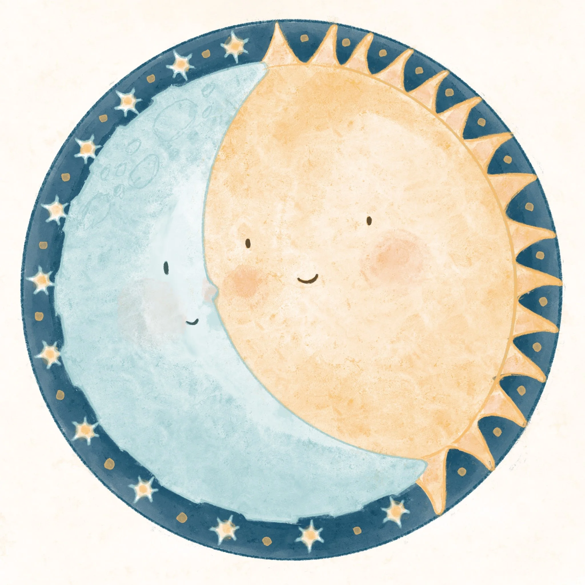 Spring Autumn Equinox symbol, sun moon kidlit art, picture book illustration
