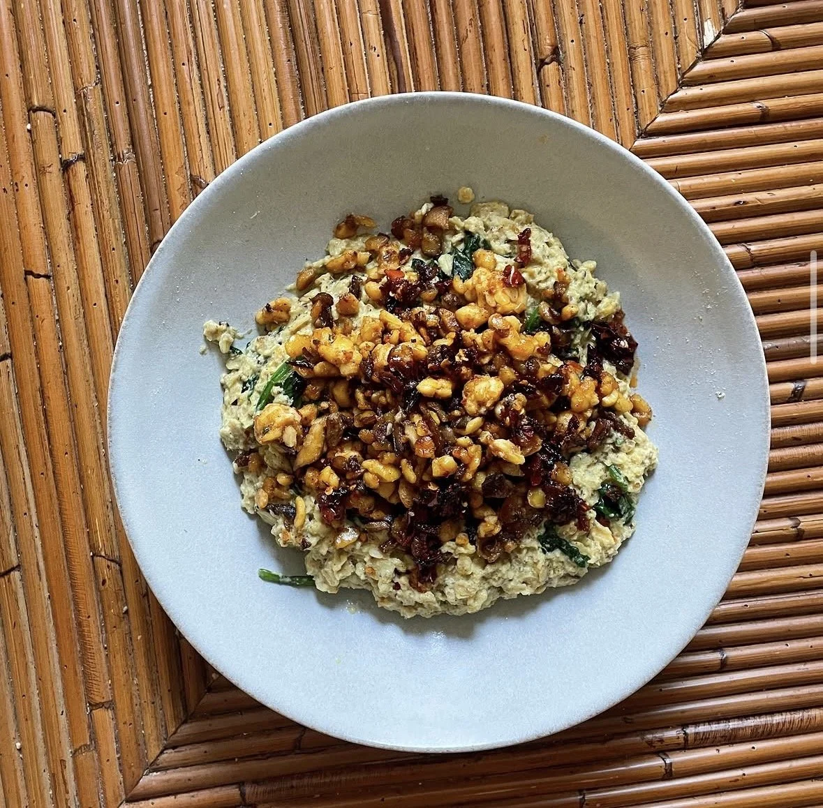 Tempeh-Topped Savory Oatmeal Bowl