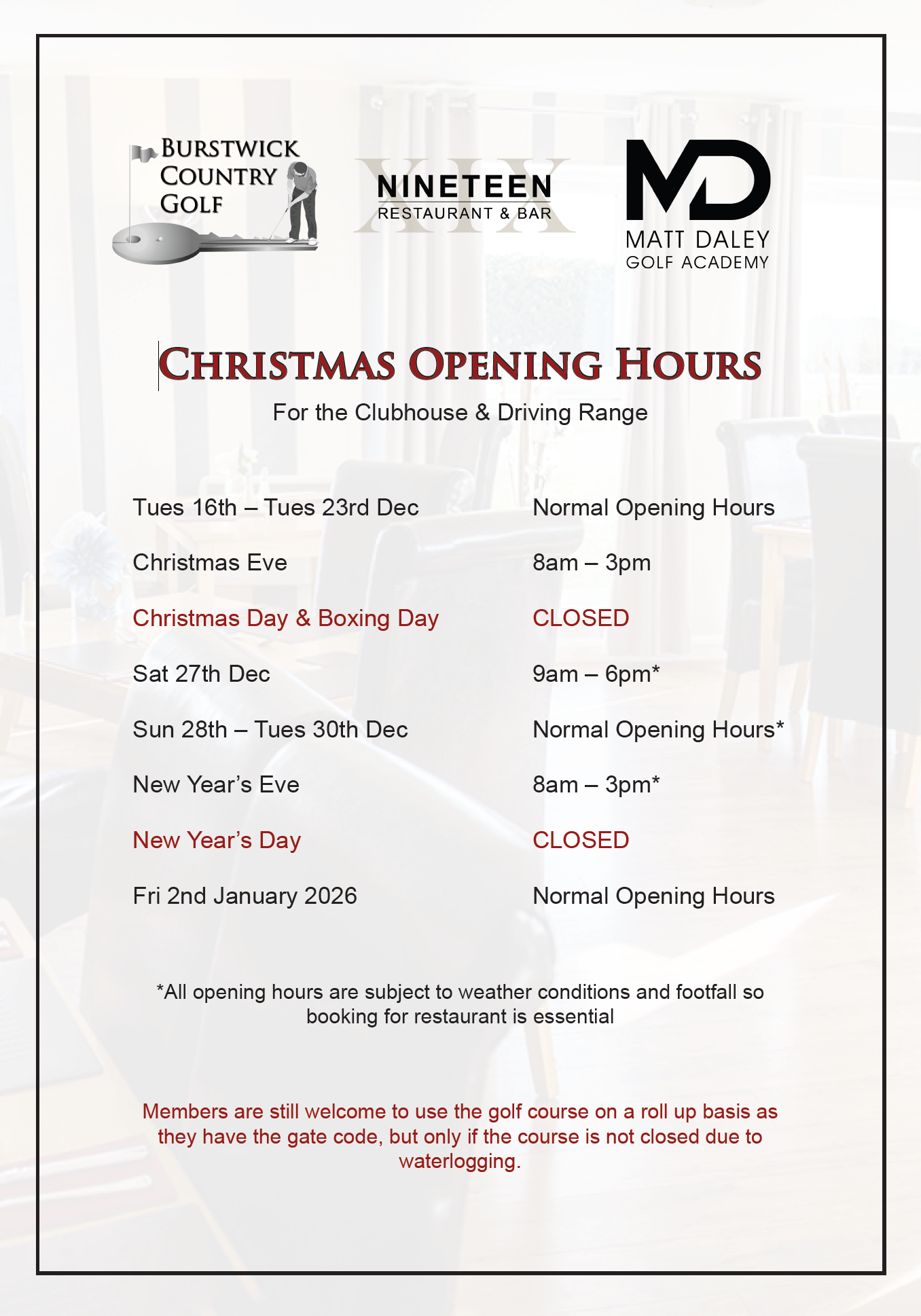 Christmas Opening Hours