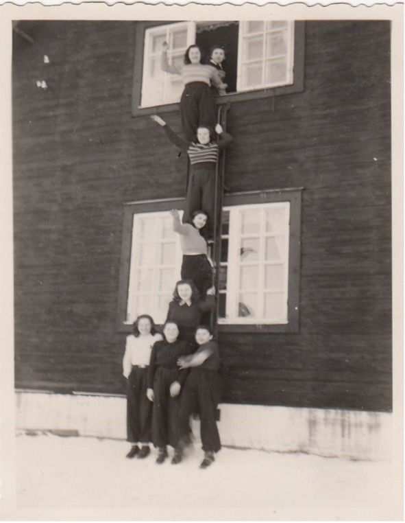 Outside of dormitory in Bredaryd, Sweden. Manci is at the bottom left and Ruth is bottom center. Edith is above them.