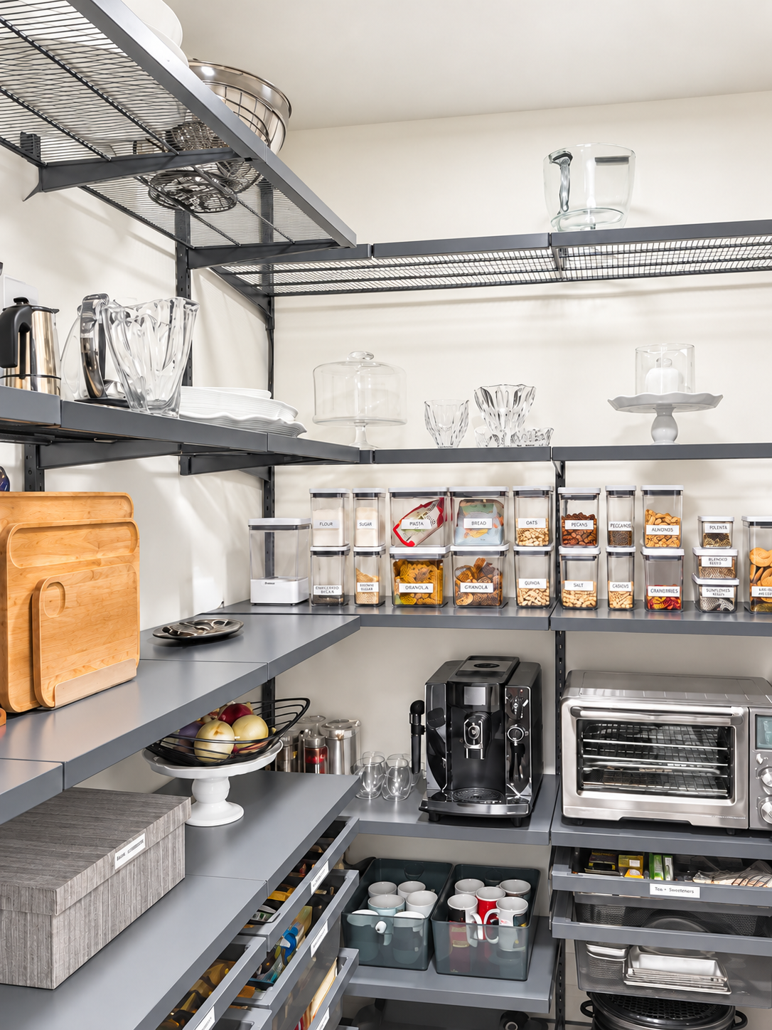 River Oaks, Houston, walk-in pantry with gray shelves and drawers organized with coffee maker, toaster oven, cutting boards, serving plates, cake plates and bowls