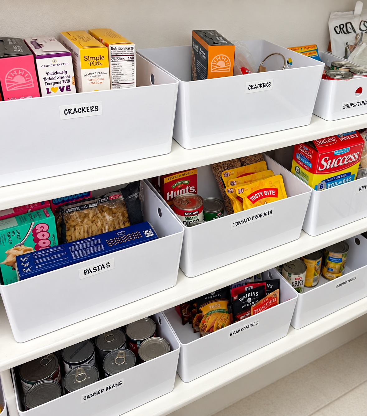 Snacks in white containers in a pantry in Spring, Texas.