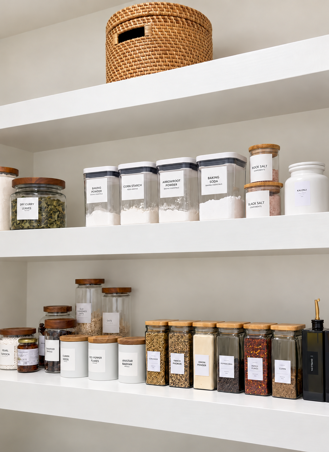 white pantry shelves with cooking ingredients in canisters and a wicker basket.