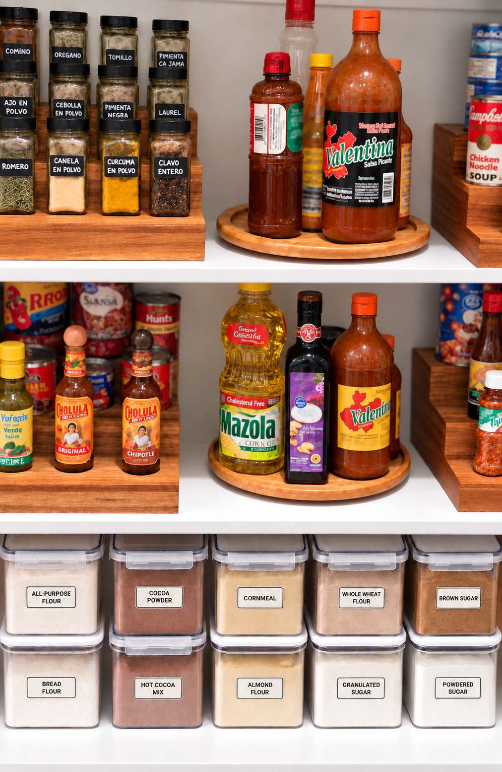 Hunters Creek, Houston, pantry with wooden turntable with sauces and tiered organizers with spices on them and a bottom shelf with clear canisters.