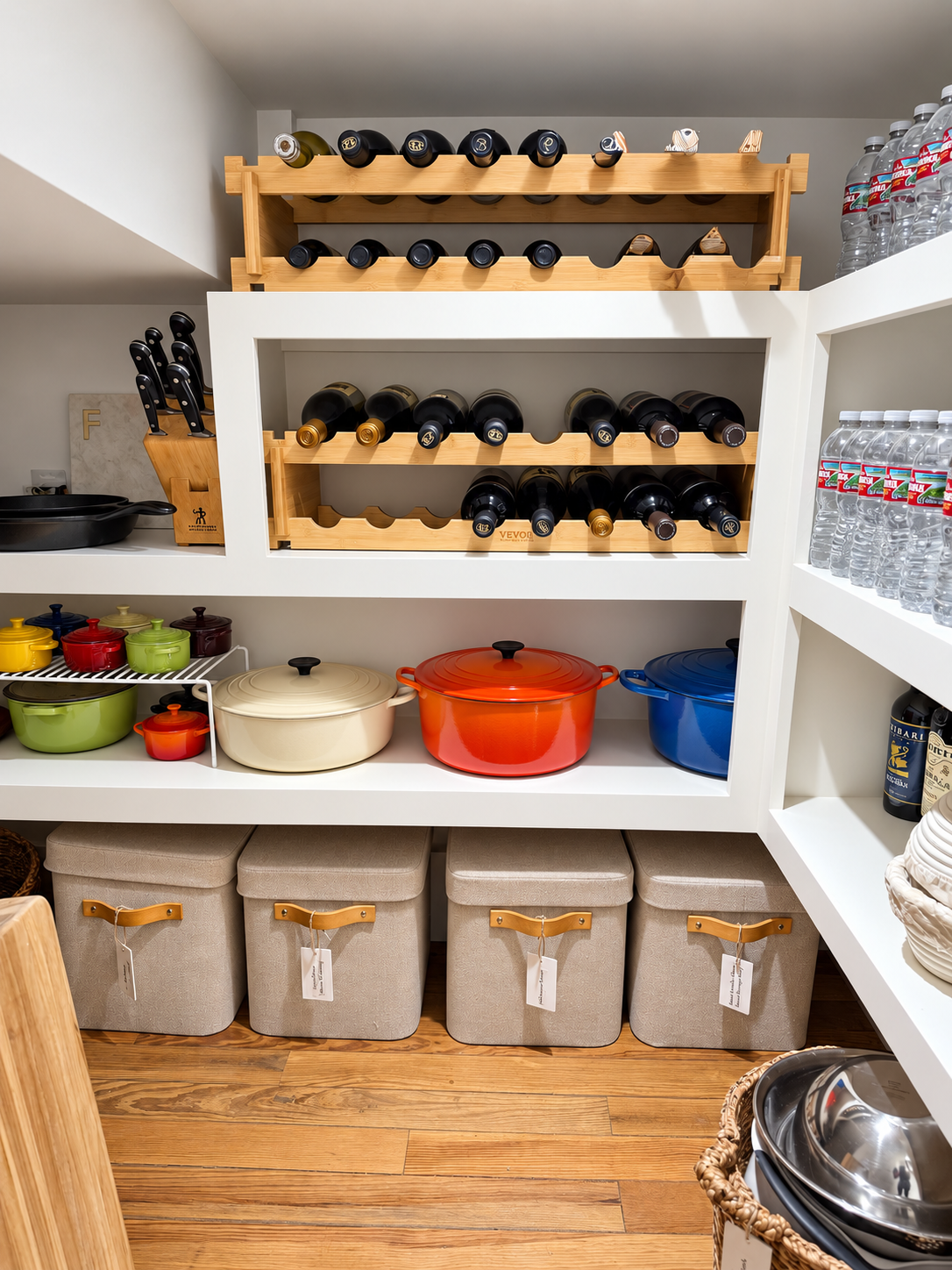 Le Creuset Dutch ovens, wine rack, and herringbone large containers in a pantry in the Heights, Houston.