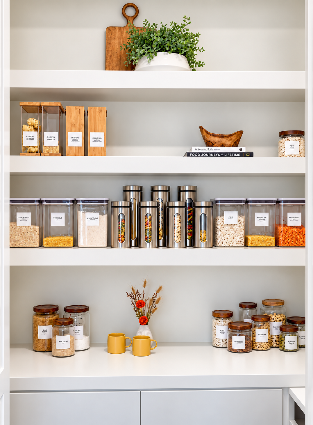 Heights luxury walk-in pantry with a combination of containers, yellow tea cups flowers, and greenery