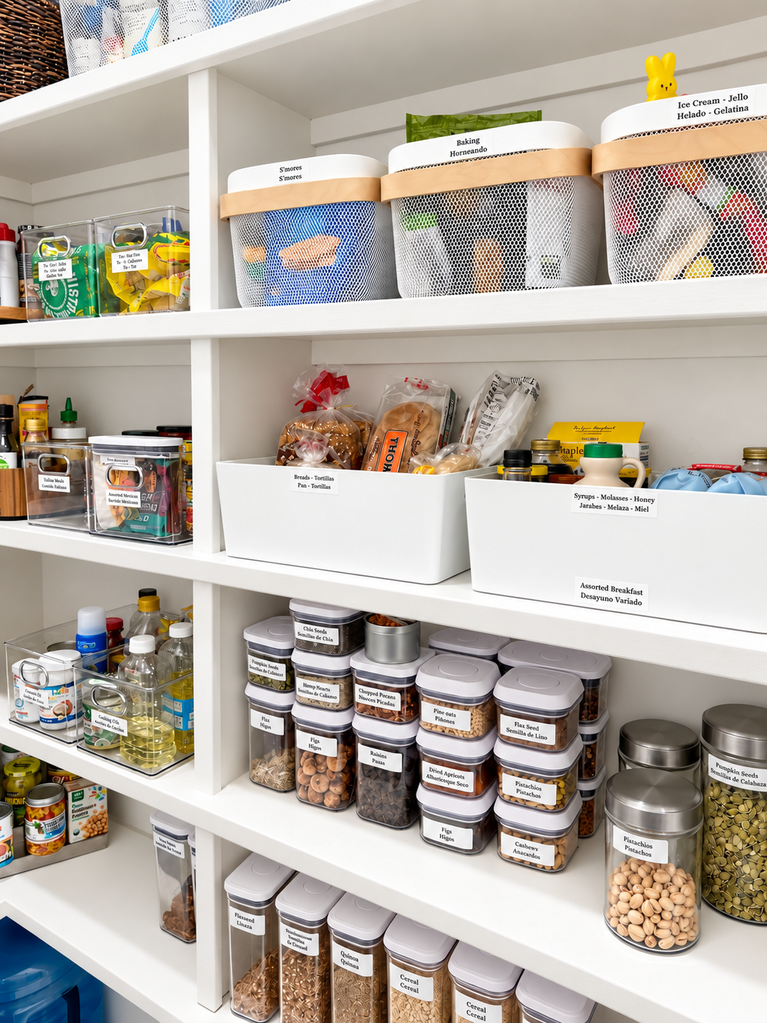 Baskets, white containers, and canisters used to organize a walk-in pantry in Bellaire