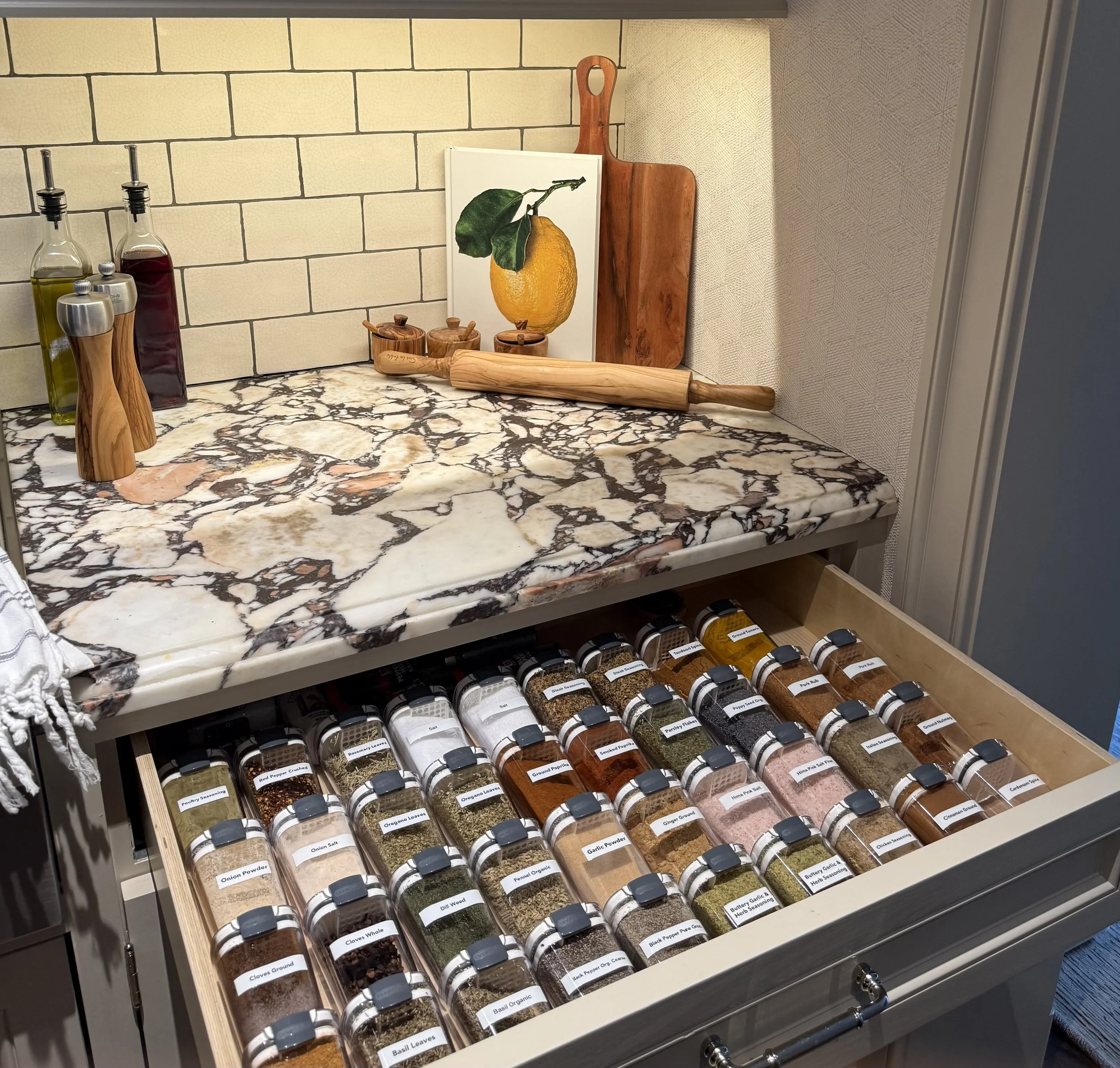 River Oaks 1930's home kitchen spice drawer organized by Luxury Pro Organizer
