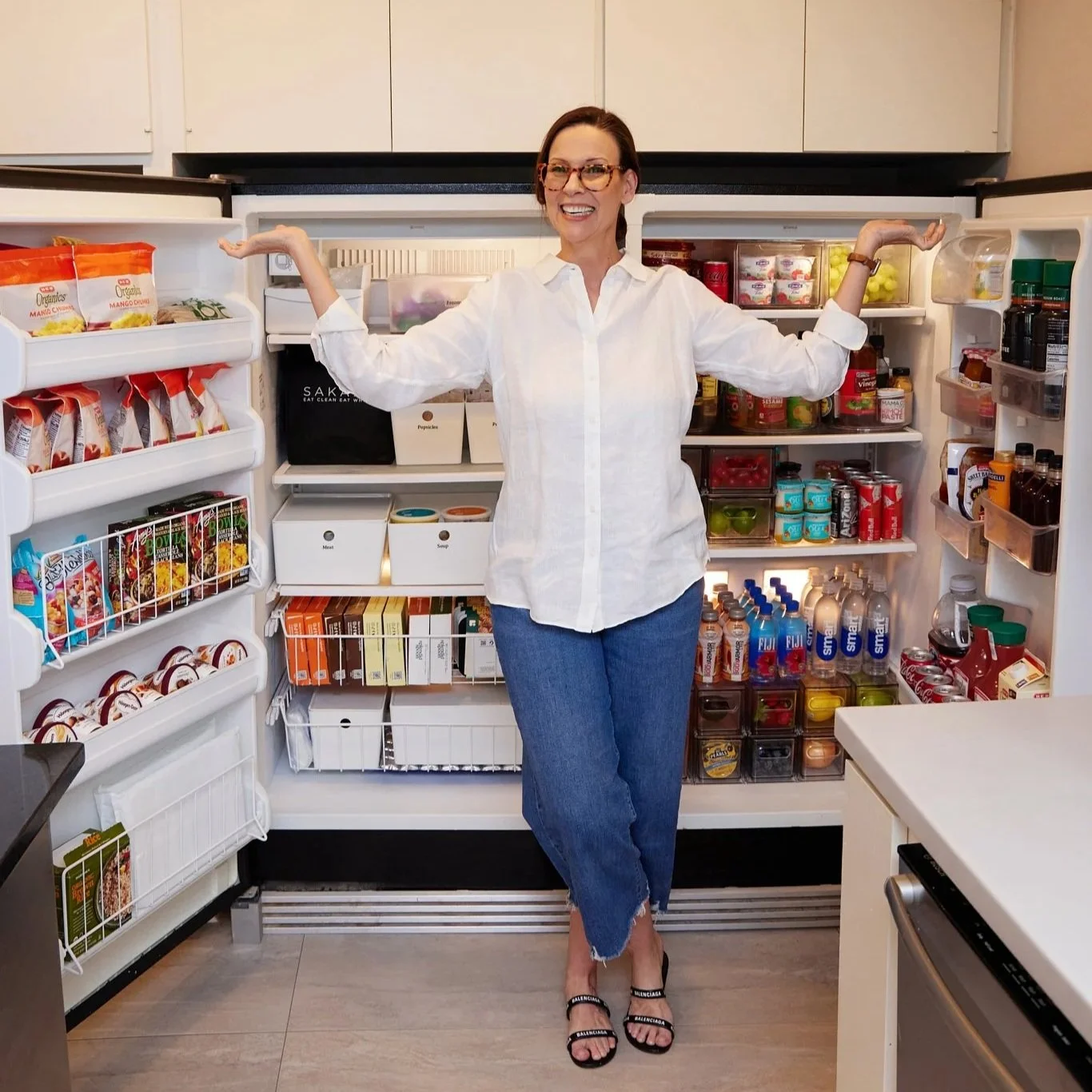 before and after refrigerator organization transformation labeled food containers in organized fridge system